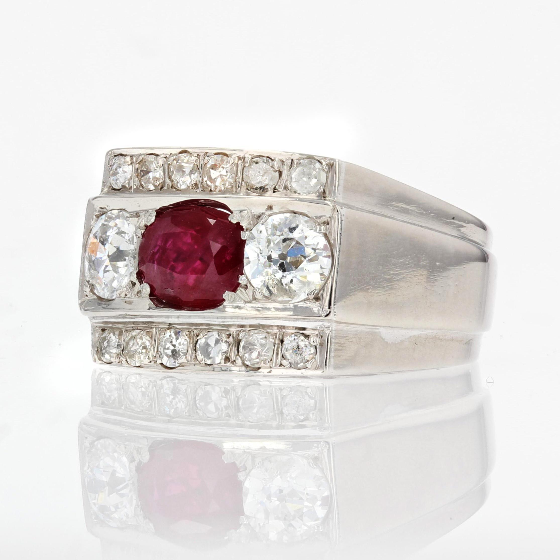 Women's 1935s Art Deco 1.40 Carat Ruby Diamonds Platinum Signet Ring