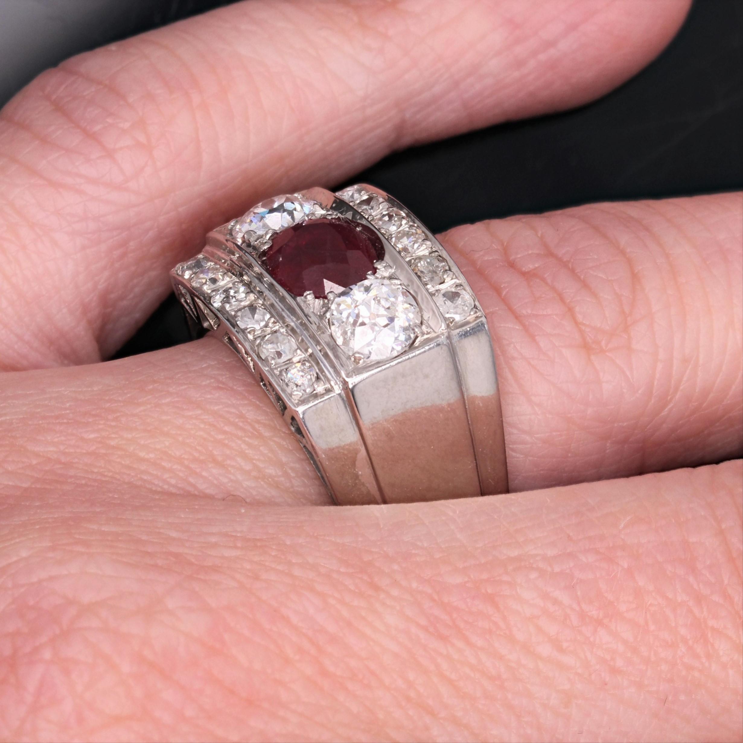 1935s Art Deco 1.40 Carat Ruby Diamonds Platinum Signet Ring 9