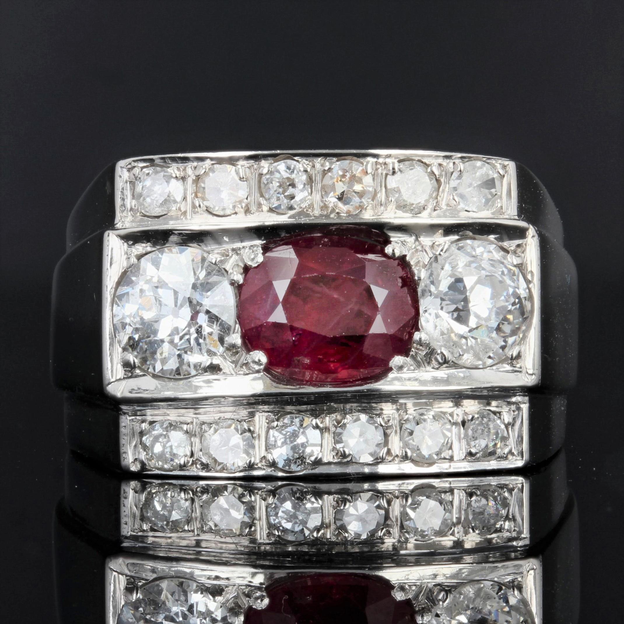 Cushion Cut 1935s Art Deco 1.40 Carat Ruby Diamonds Platinum Signet Ring