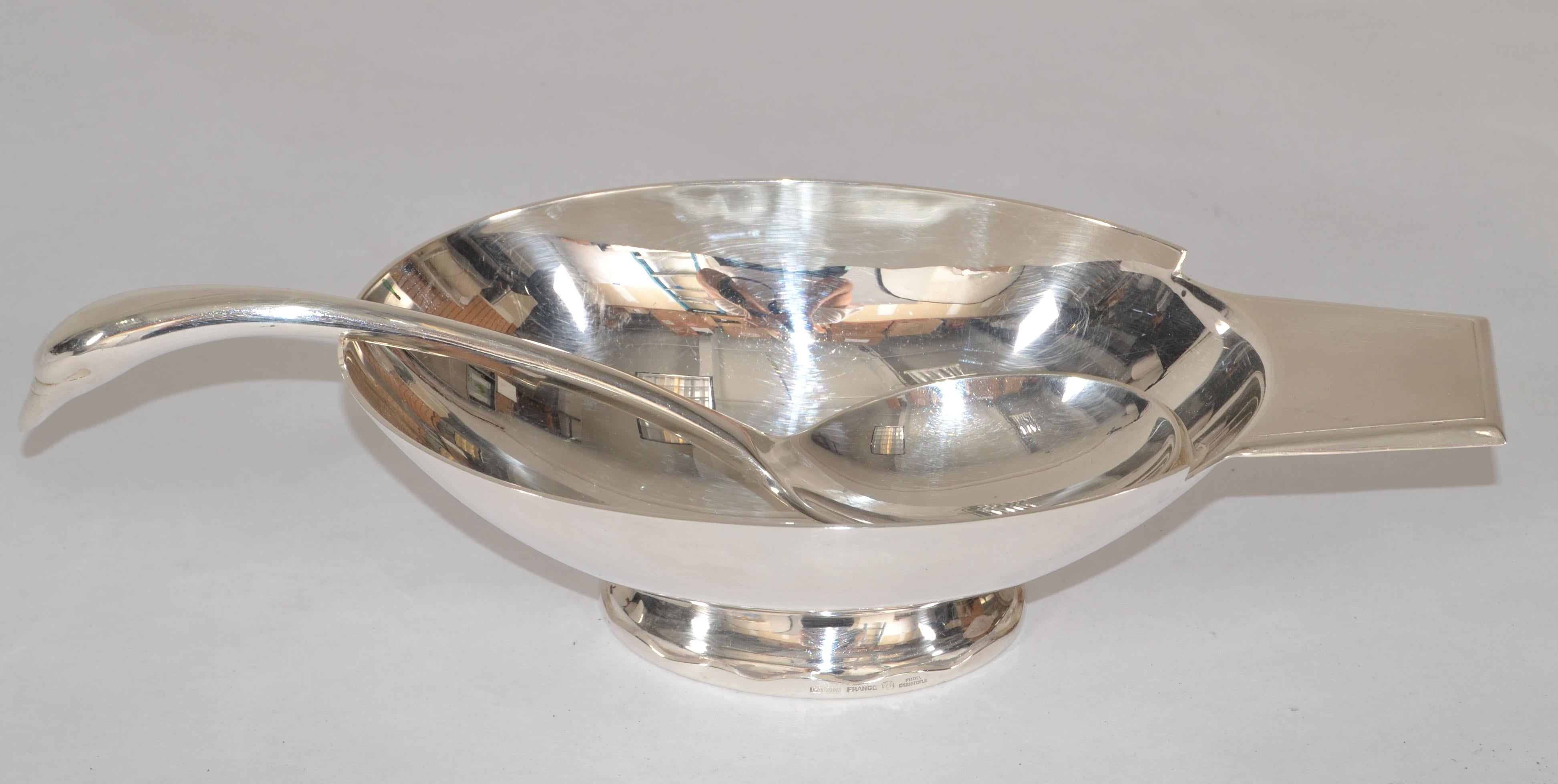 1935s Christofle France Gallia Silver Plate Sauceboat & Swan Ladle Art Deco For Sale 1