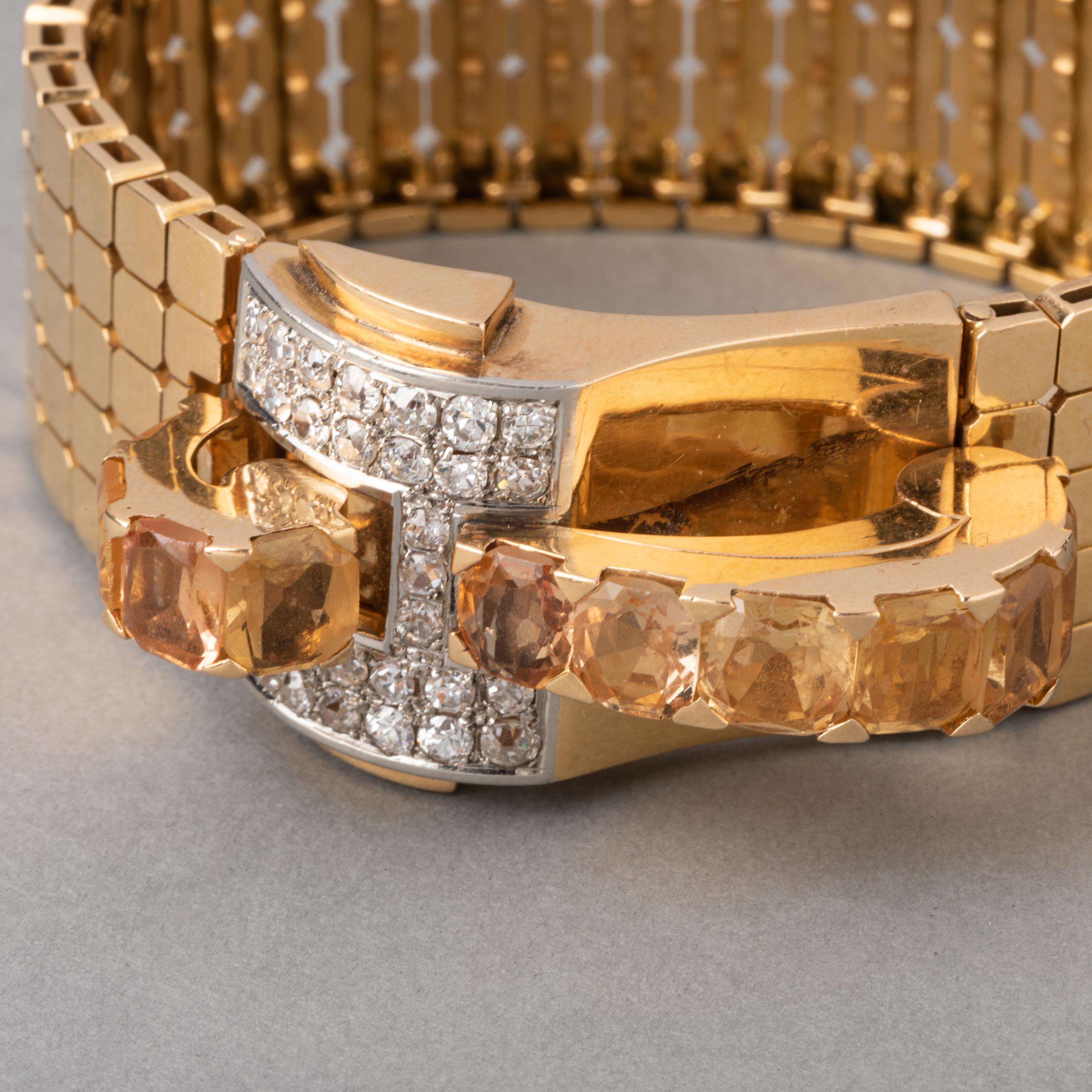 Old European Cut 1935 Gold Diamonds and Citrines Bracelet For Sale
