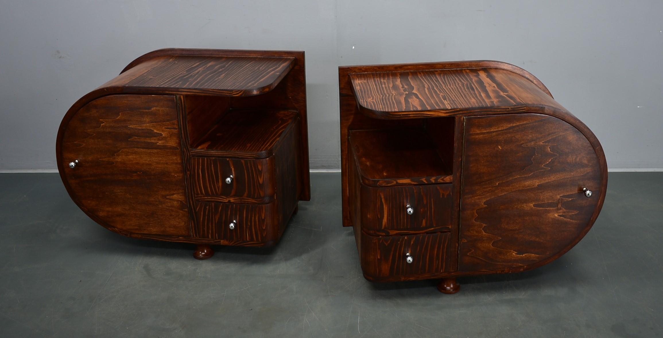 Wood 1935s Pair of Rare Art Deco Bedside Tables, Czechoslovakia For Sale