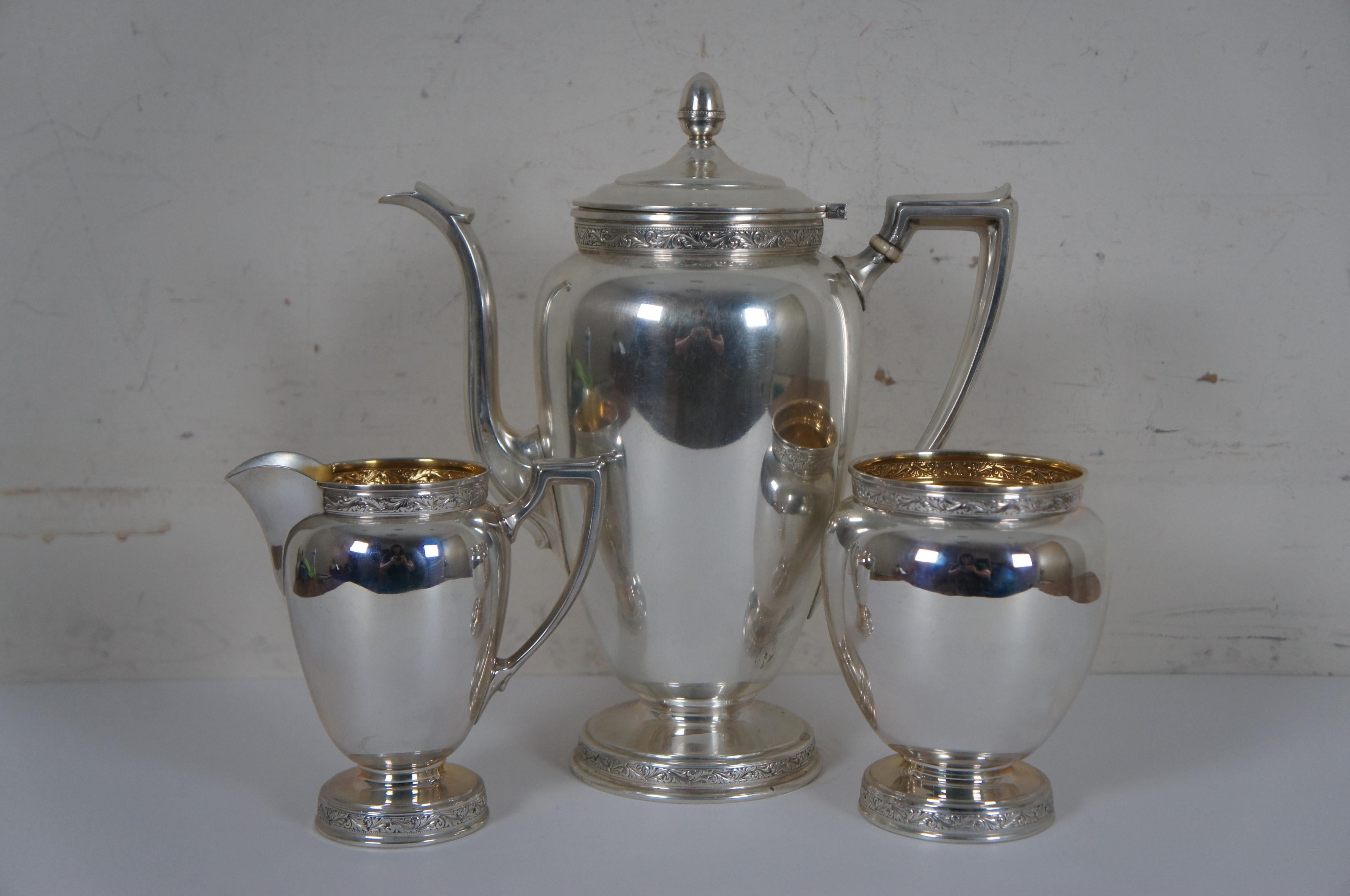 Art Deco 1936 Antique 3pc Reed & Barton X610 Sterling Silver Tea Coffee Serving Set 1194g For Sale