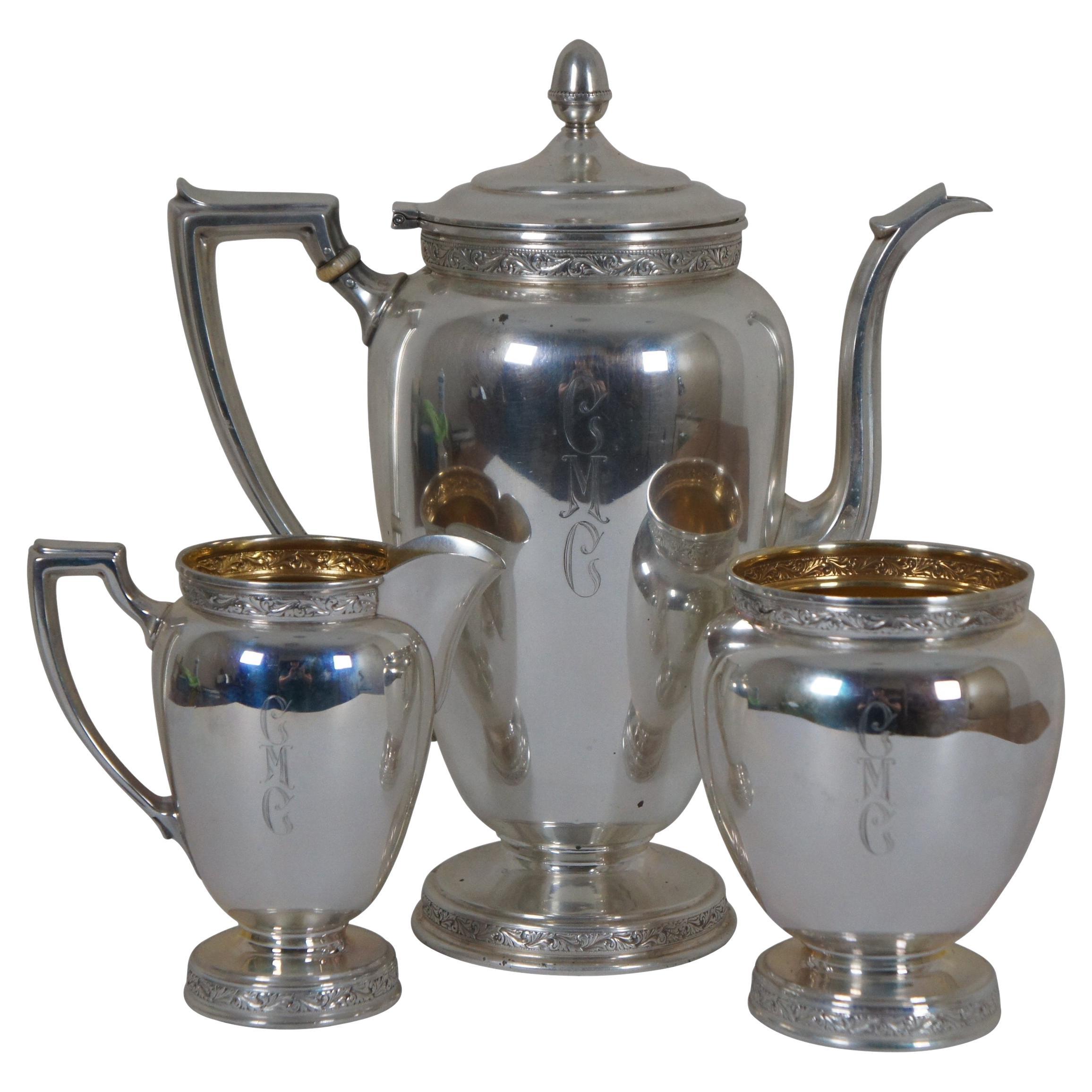 1936 Antique 3pc Reed & Barton X610 Sterling Silver Tea Coffee Serving Set 1194g For Sale
