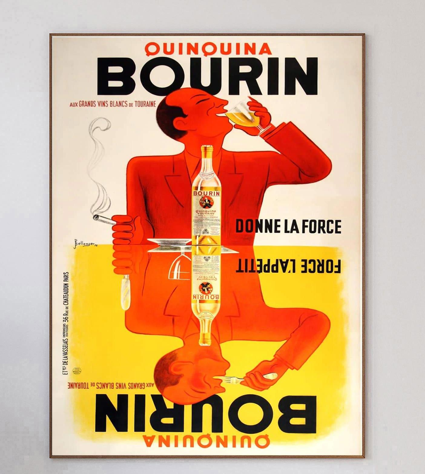 Stunning poster for Bourin Quinquina created in 1936. This beautiful design by Bellenger is mirrored, and so works when hung vertically either way. With vibrant colours depicting a man drinking the liquor and enjoying a cigarette one side, and