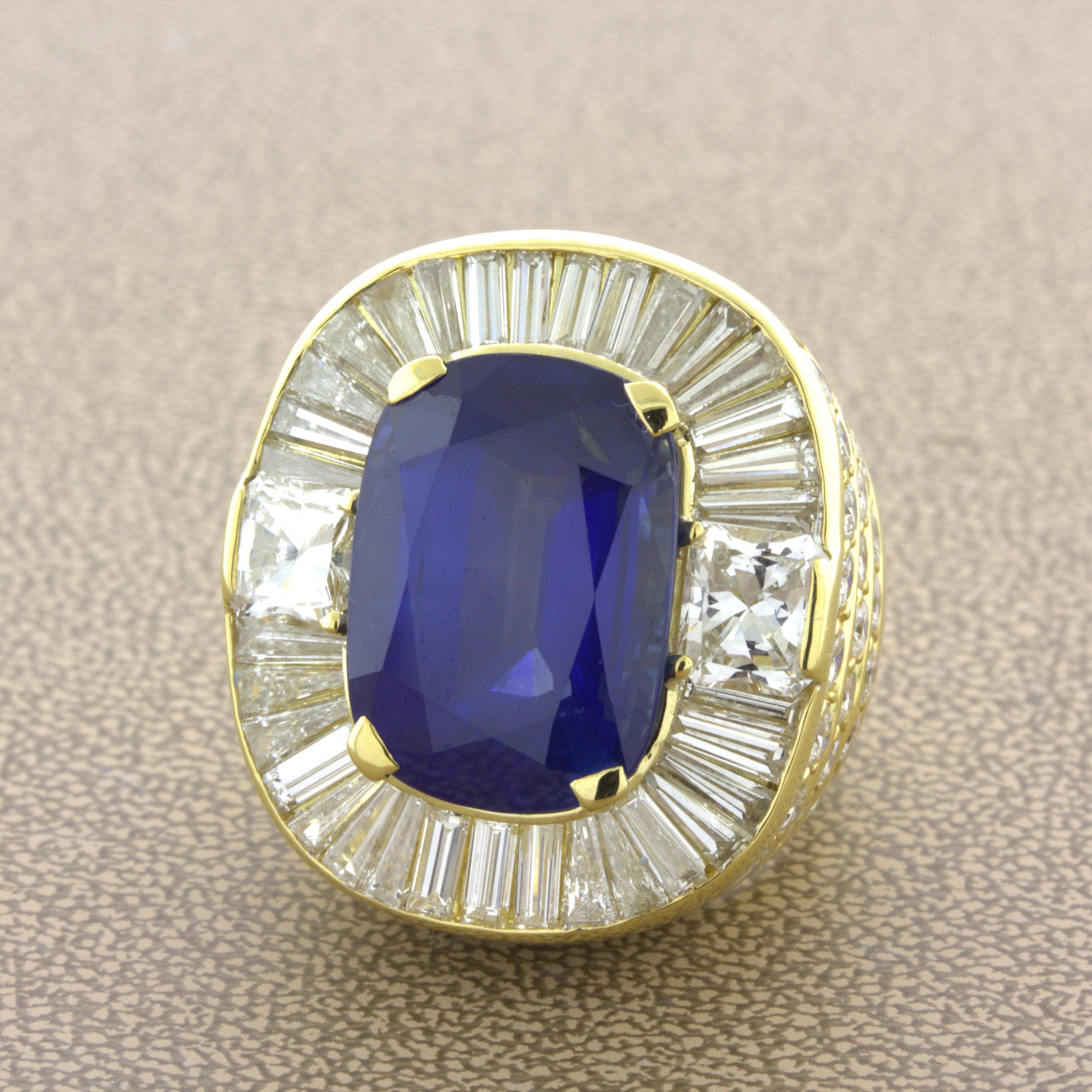 A large and impressive blue Ceylon sapphire takes center stage! It weighs a substantial 19.36 carats and has a rich velvety blue color that glows in the light. As you move the ring you can see flashes of intense blue radiating from the almost 20