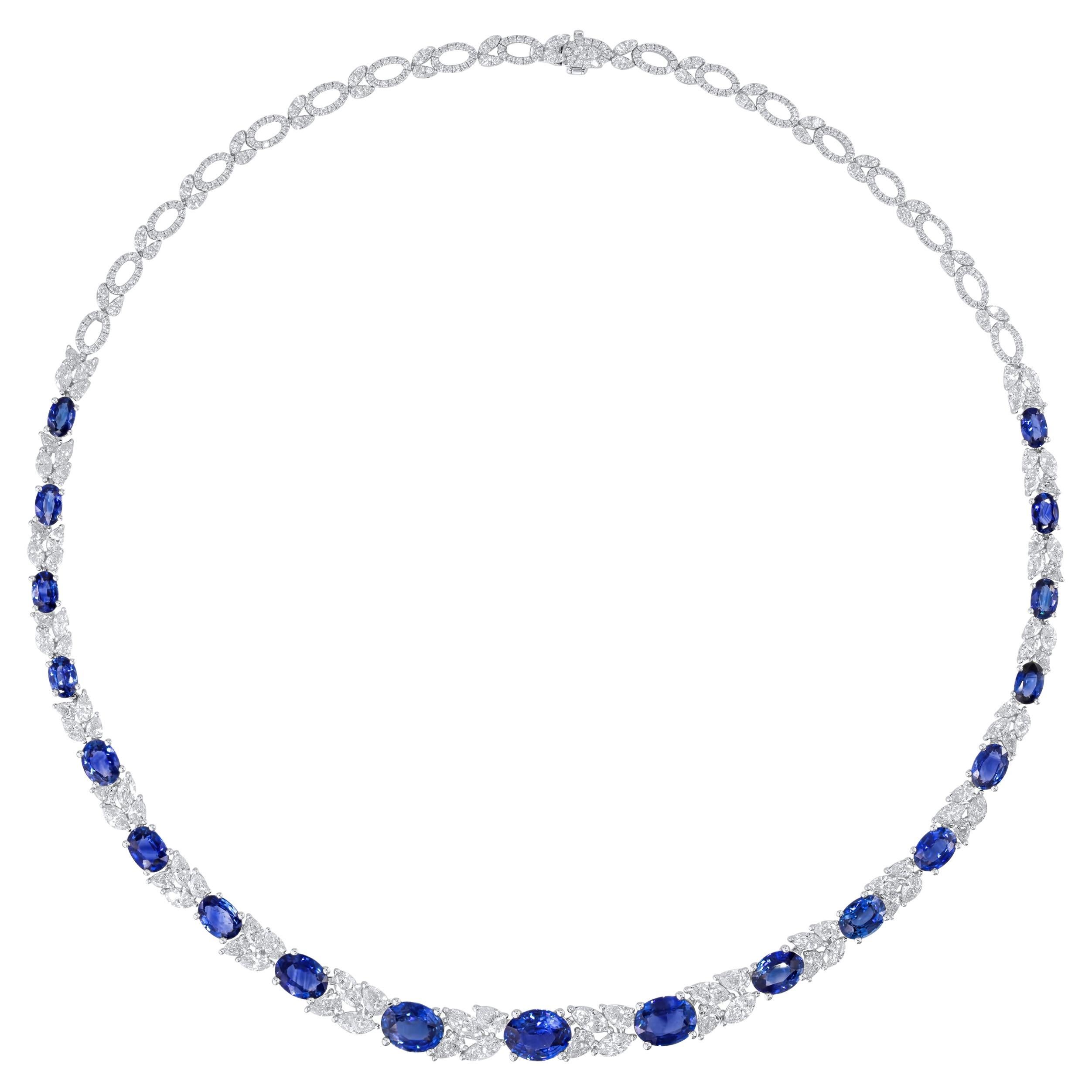 19.36 Carat Oval Cut Blue Sapphire and 10.47 Carat White Diamond Luxury Necklace