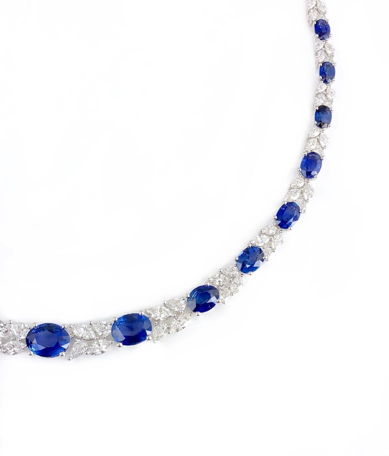 Contemporary 19.36 Carat Oval Cut Blue Sapphire and 10.47 Carat White Diamond Luxury Necklace For Sale
