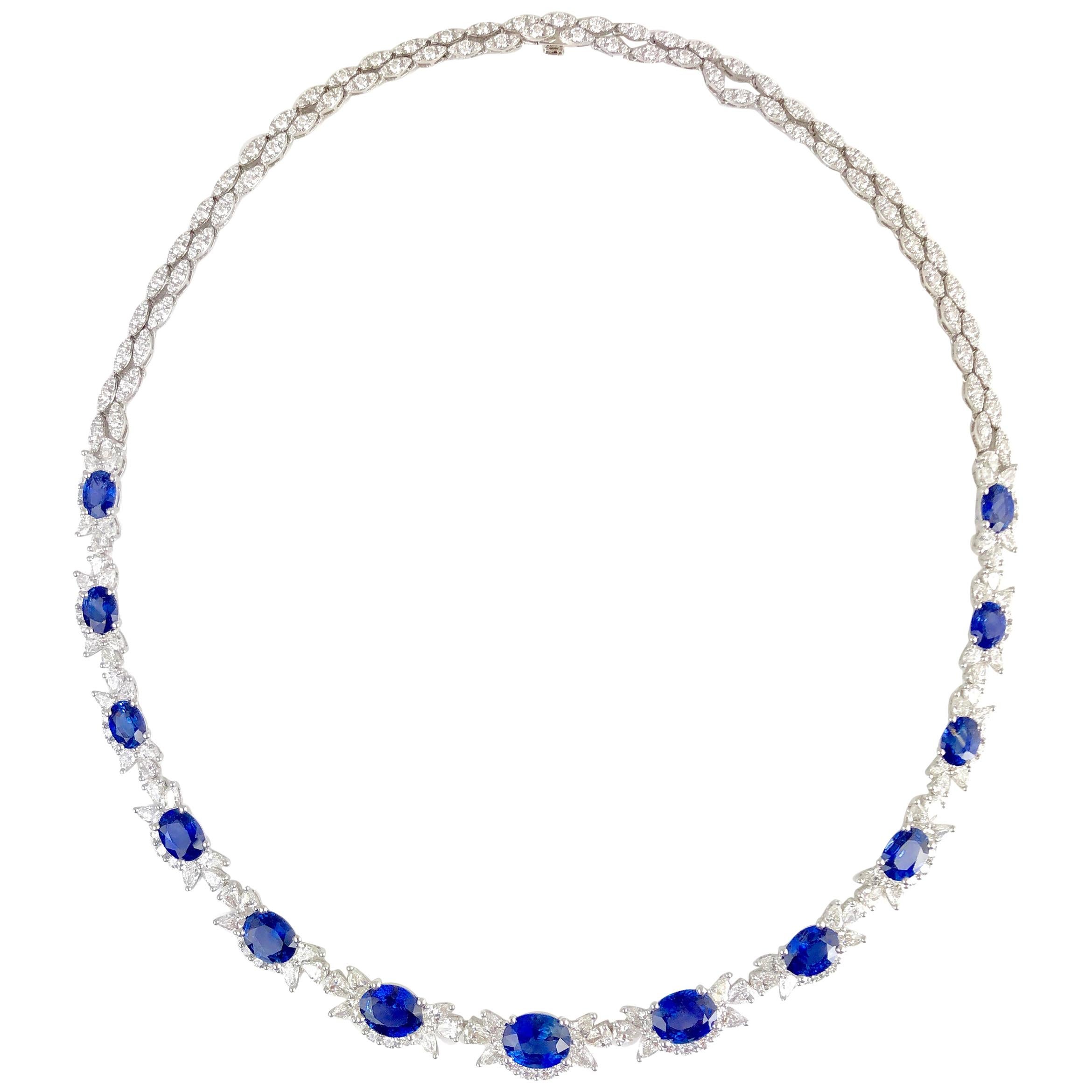 DiamondTown 19.36 Carat Oval Cut Blue Sapphire and Diamond Necklace