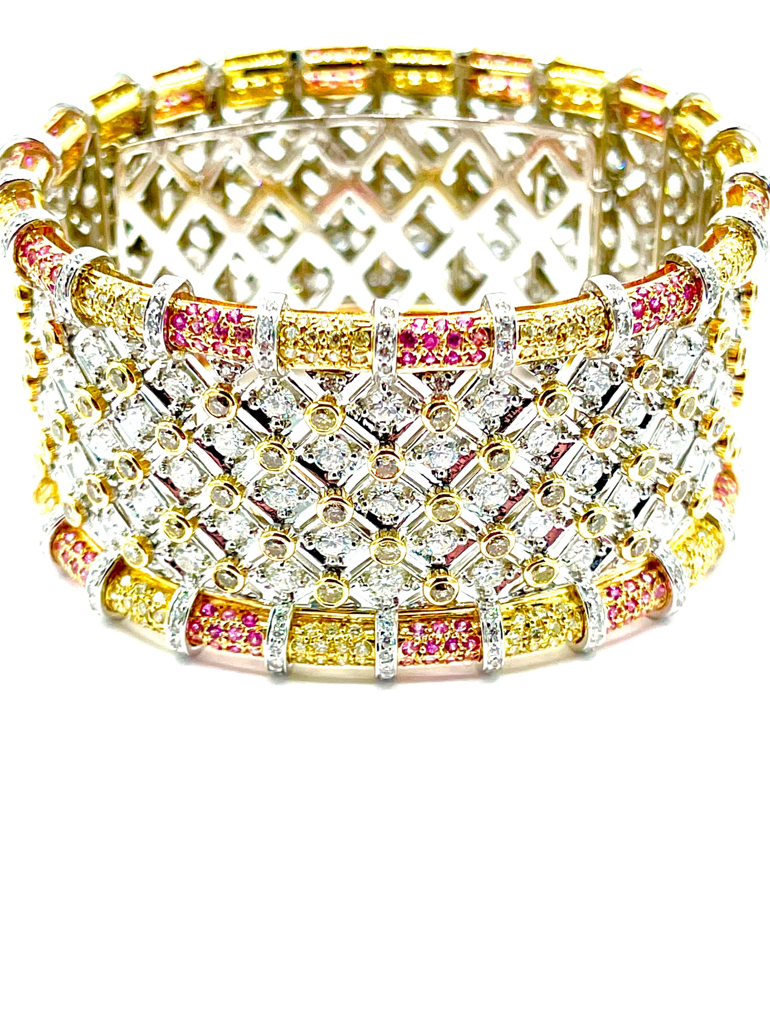 Modern 19.36 Carat Round Brilliant Diamond and Pink Sapphire 18K Gold Cuff Bracelet