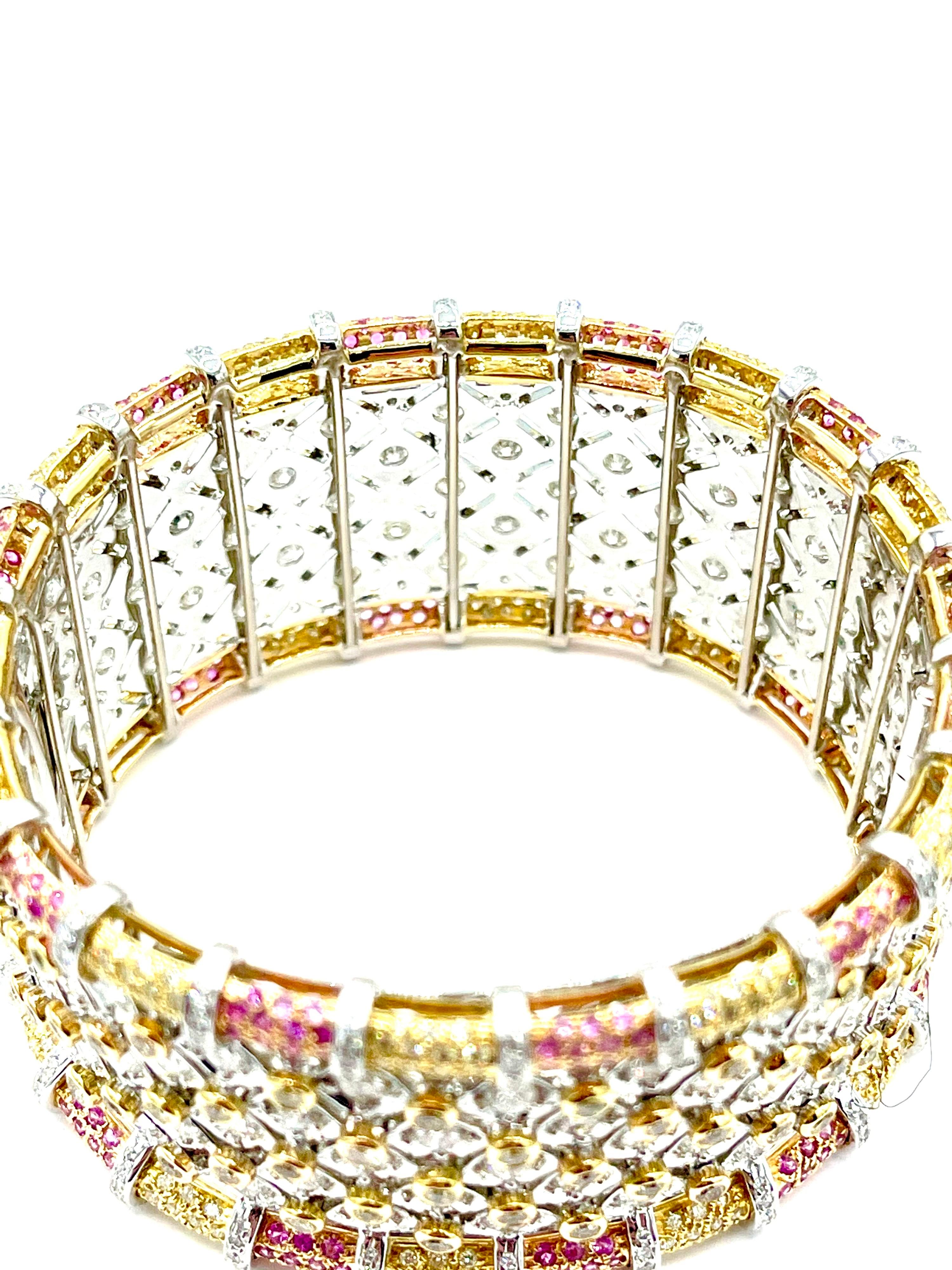 Women's or Men's 19.36 Carat Round Brilliant Diamond and Pink Sapphire 18K Gold Cuff Bracelet
