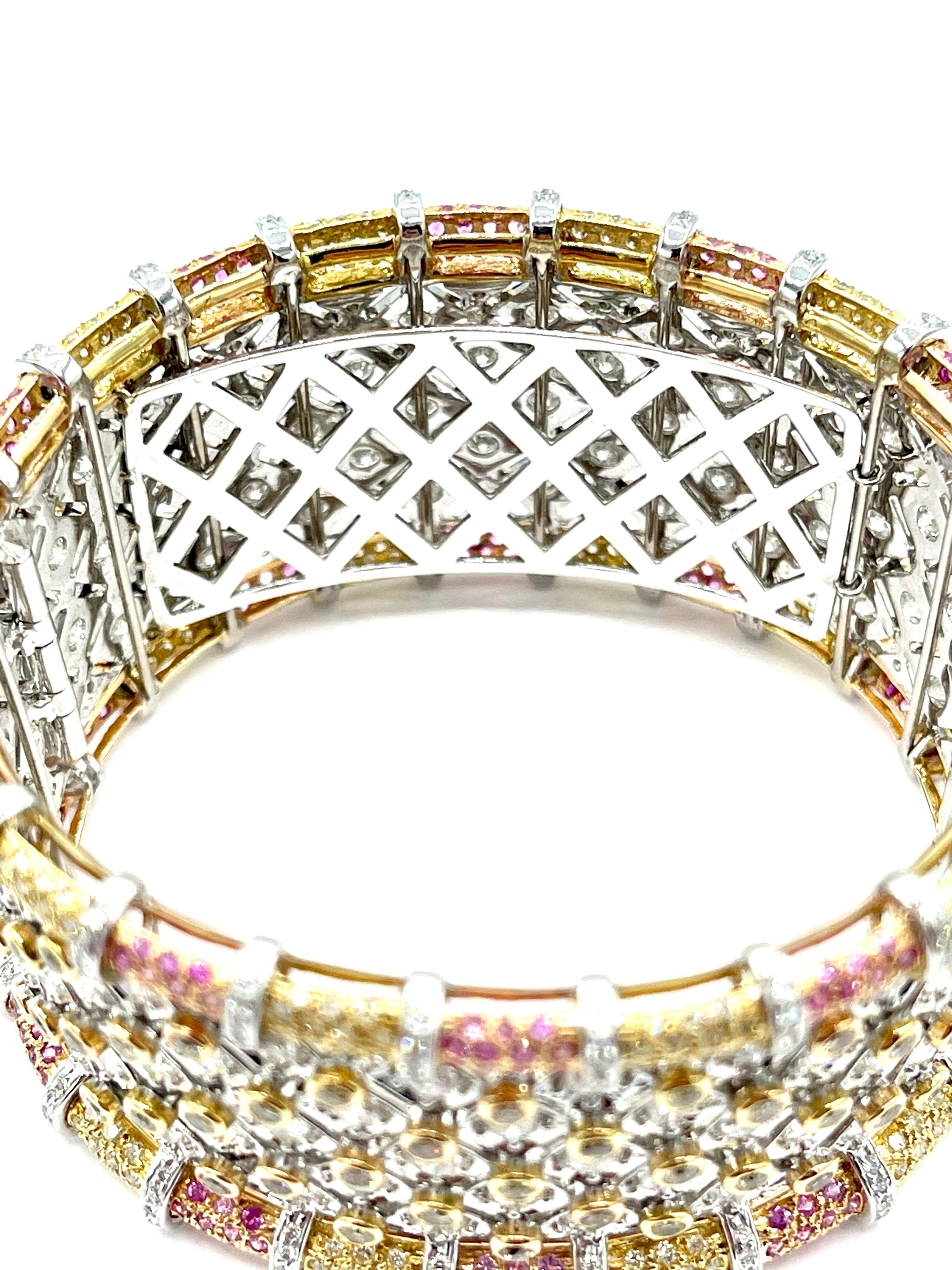 19.36 Carat Round Brilliant Diamond and Pink Sapphire 18K Gold Cuff Bracelet 1