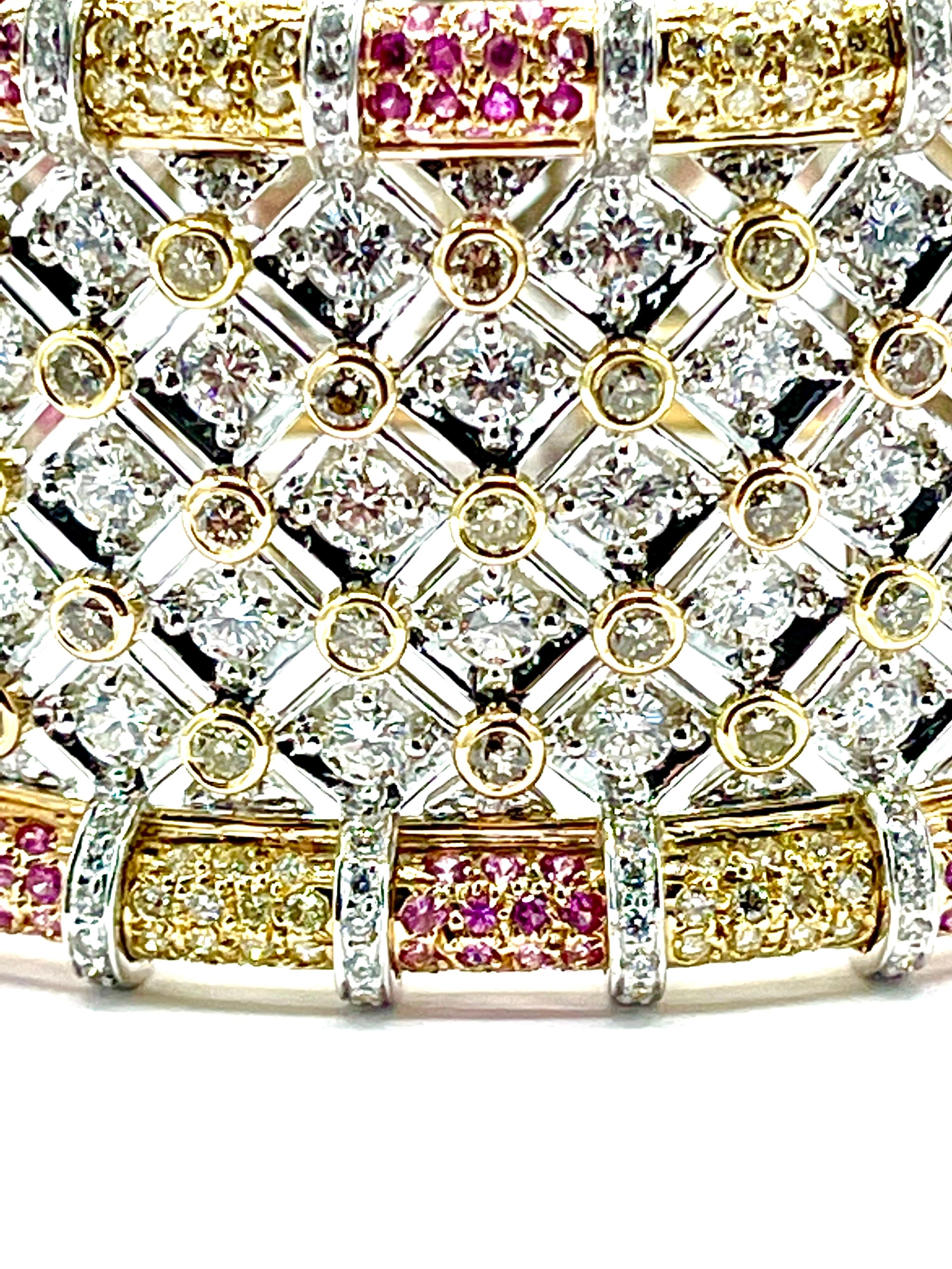 19.36 Carat Round Brilliant Diamond and Pink Sapphire 18K Gold Cuff Bracelet 2