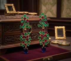 19.36 Carat Sapphire, Emerald, Ruby Chandeliers Earrings One of a Kind