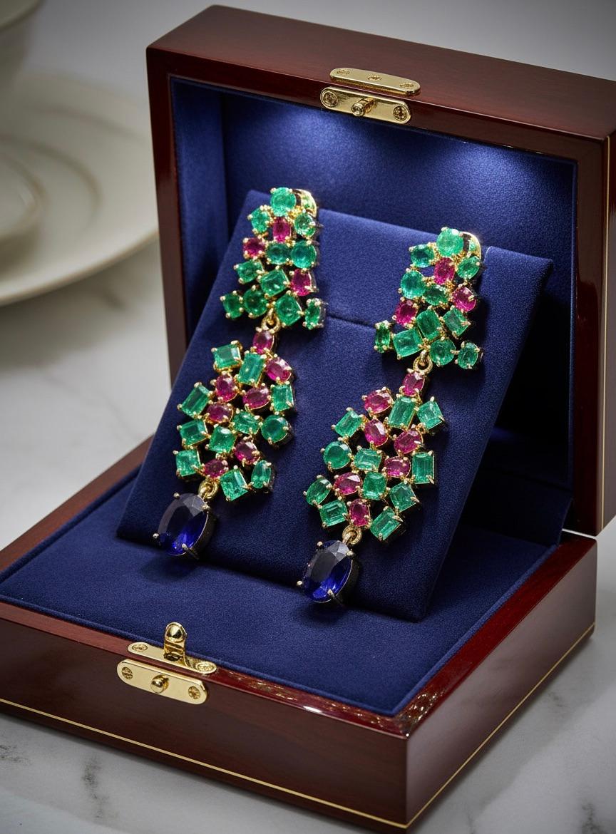 Contemporain Boucles d'oreilles chandeliers en saphir de 19,36 carats, émeraude et rubis, uniques en leur genre en vente