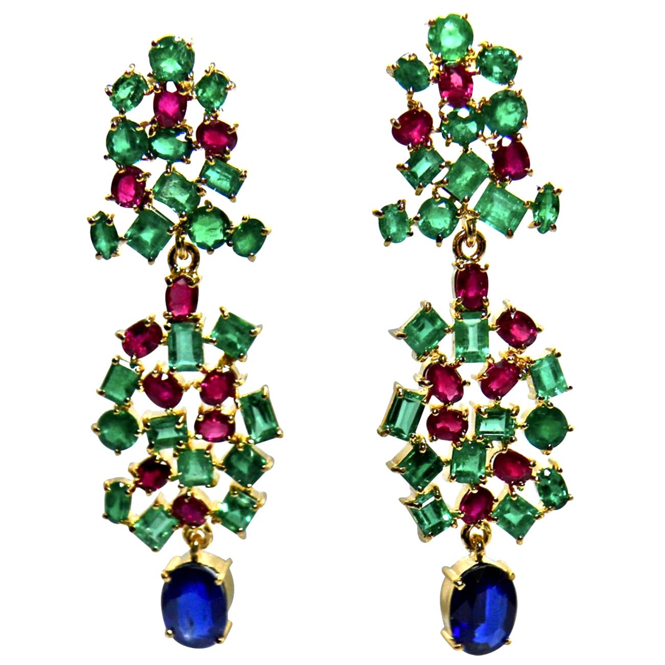 19,36 Karat Saphir, Smaragd, Rubin Kronleuchter Ohrringe One of a Kind