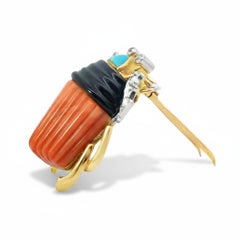1936 Cartier Coral and Turquoise Scarab Brooch In 18K Gold
