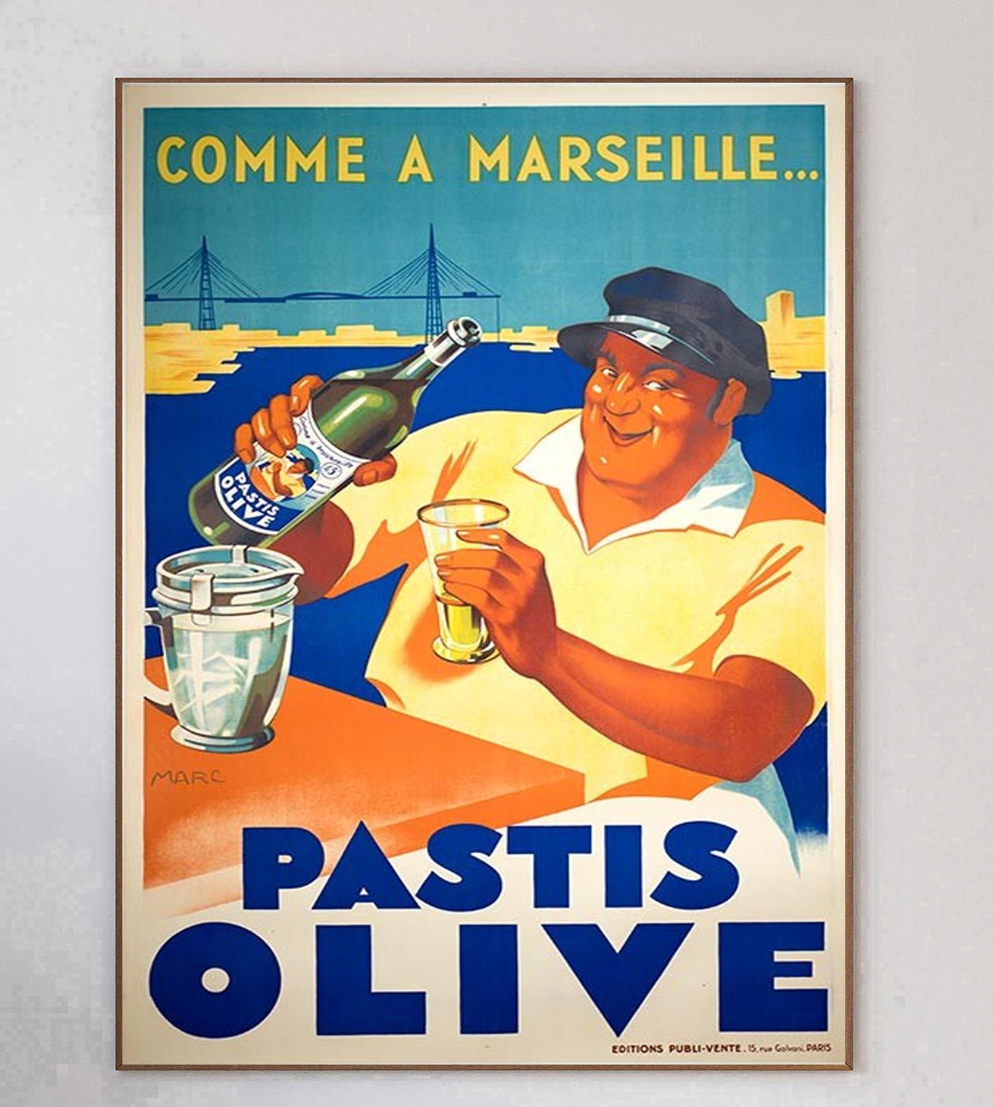 Atemberaubendes Plakat für Pastis Olive aus dem Jahr 1930. Dieses seltene und schöne Design mit den wunderbaren und farbenfrohen Illustrationen von Marc trägt die Aufschrift 