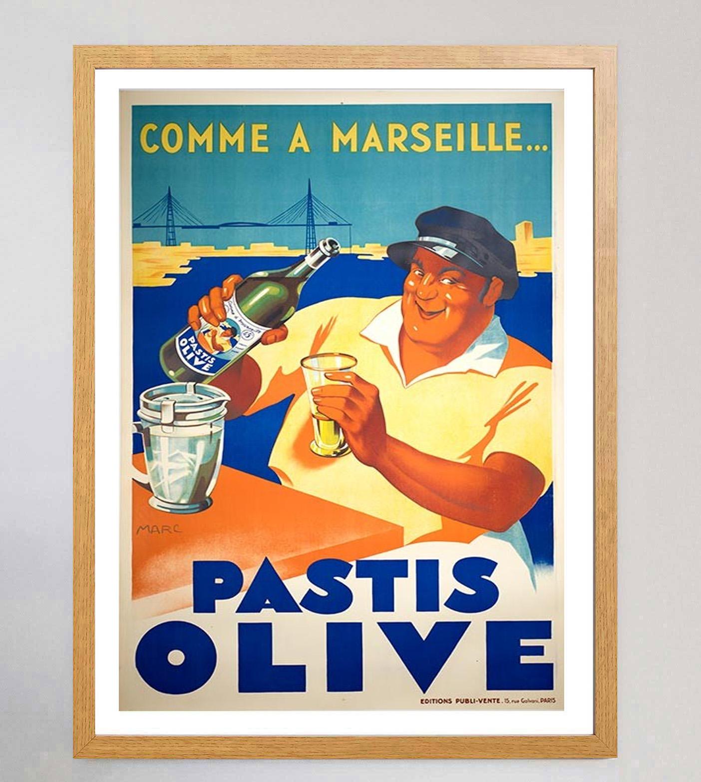 1936 Comme a Marseille - Pastis Olive Original Vintage Poster (Französisch) im Angebot