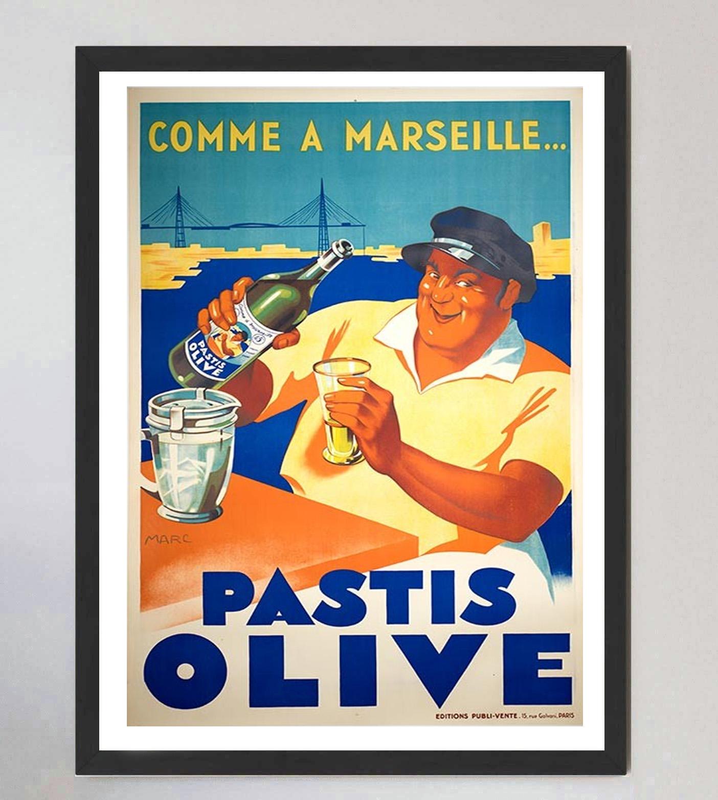 1936 Comme a Marseille - Pastis Olive Original Vintage Poster im Zustand „Gut“ im Angebot in Winchester, GB