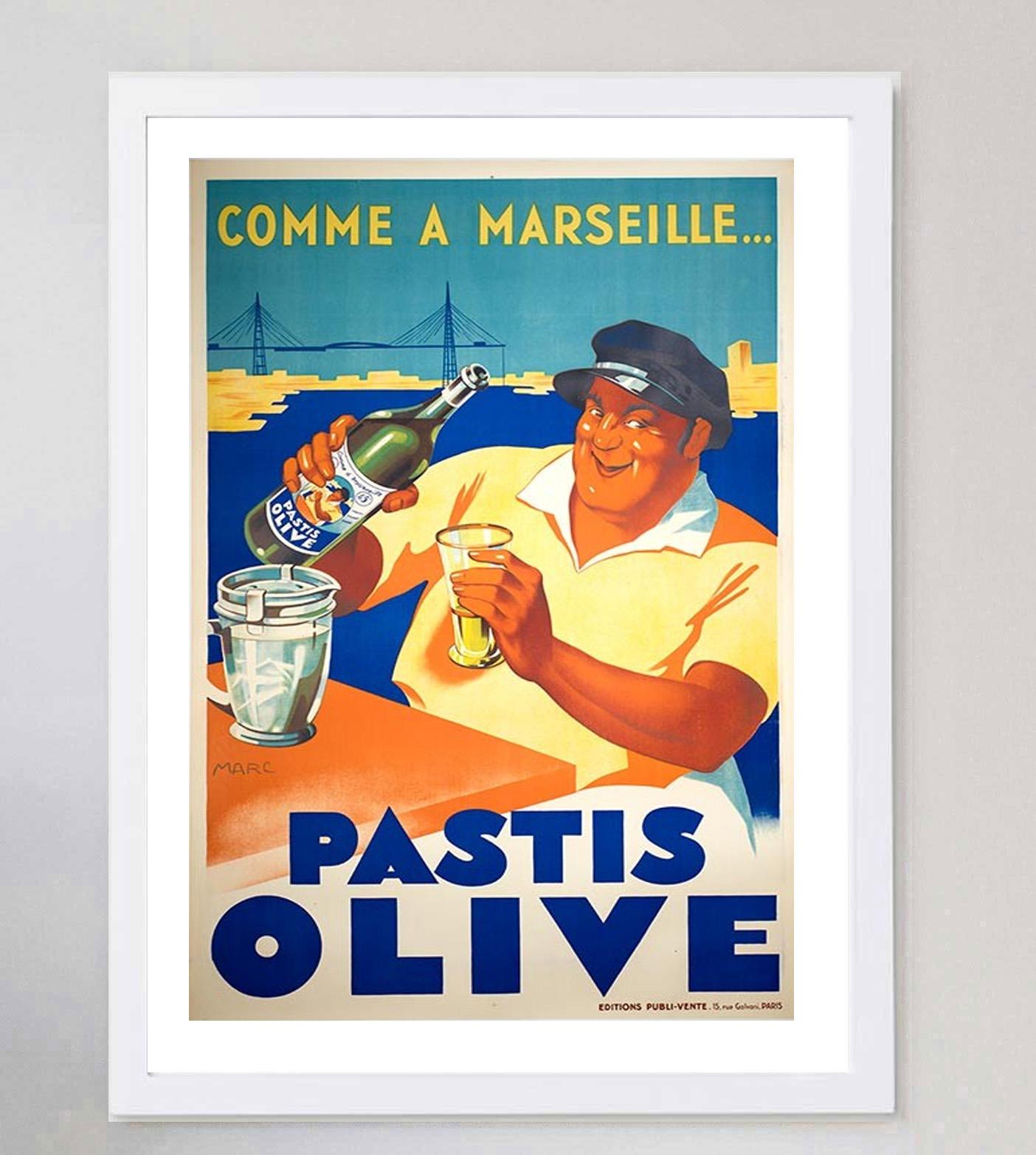 1936 Comme a Marseille - Pastis Olive Original Vintage Poster (Mitte des 20. Jahrhunderts) im Angebot