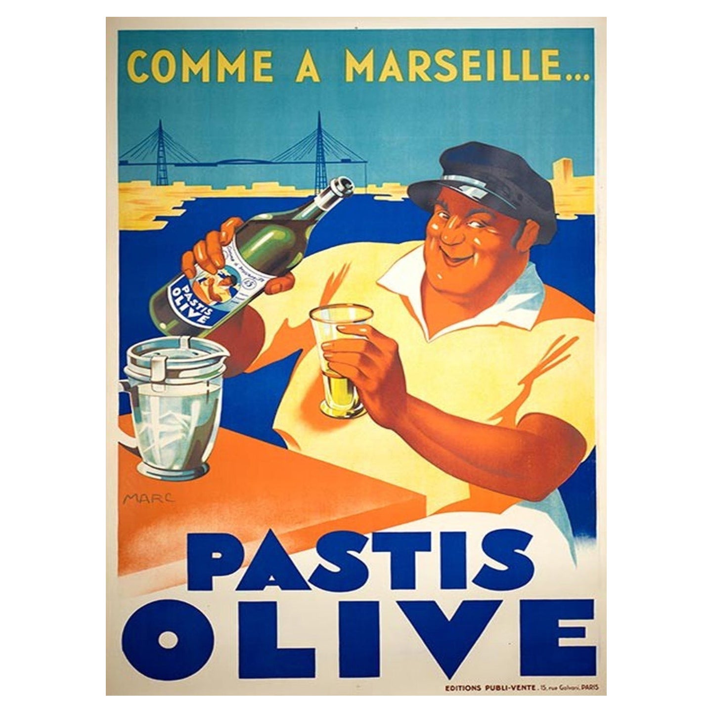 1936 Comme a Marseille - Pastis Olive Original Vintage Poster im Angebot