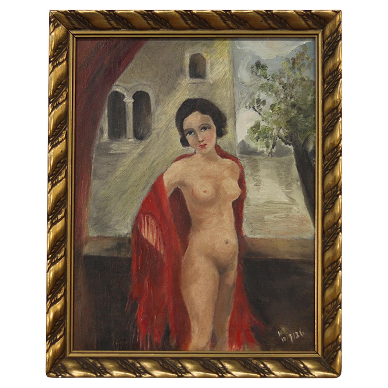 1936 dated Folk Art Nude Portrait - Painting Oil on Canvas For Sale