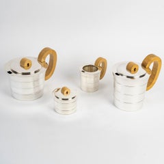 1936 Jean Puiforcat Art Deco Tee- und Kaffee-Set aus Epsilon aus Sterlingsilber und Nussbaumholz