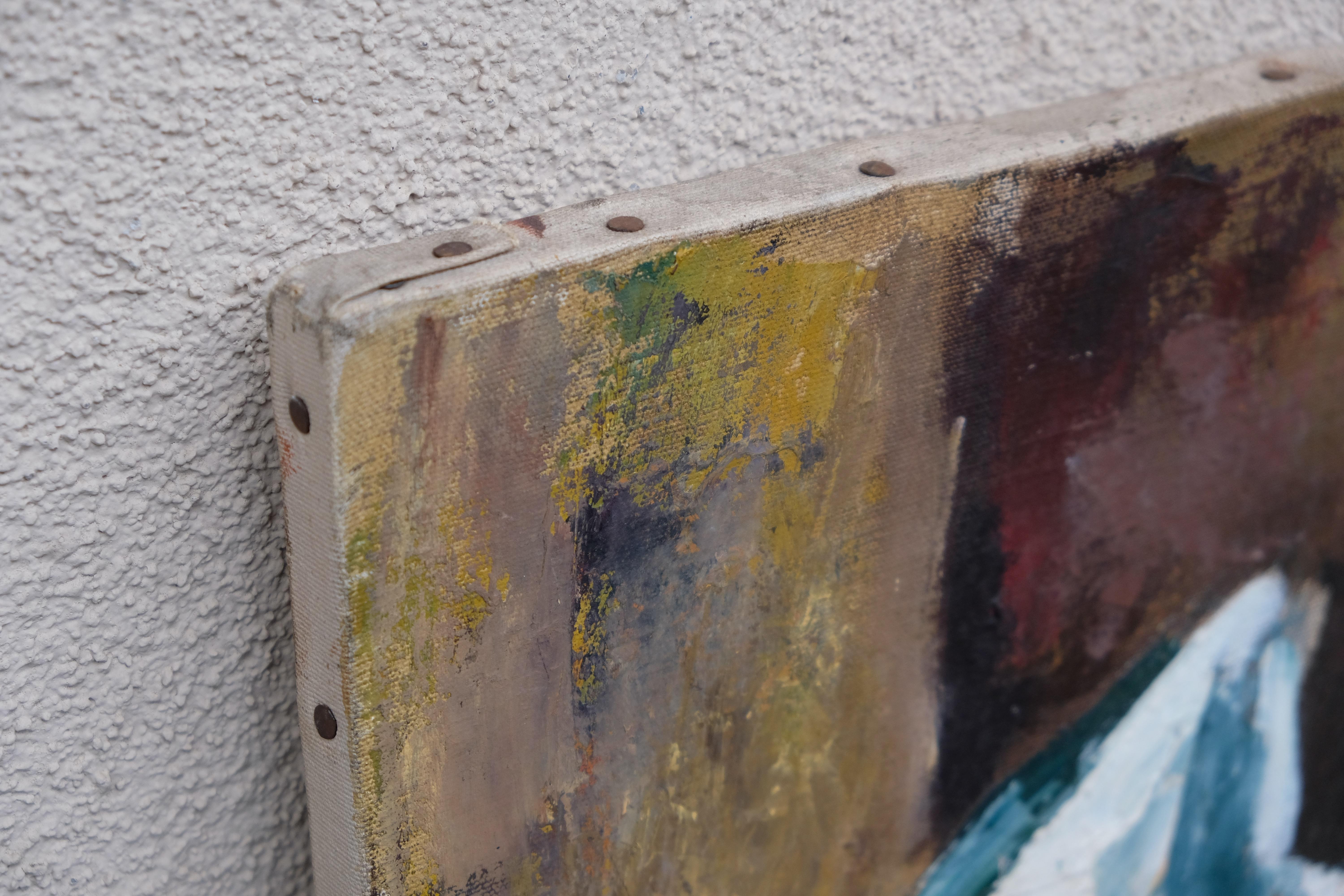1936 modernist painting signed by unlisted artist Lazar Hogan. Executed in acrylic on stretched canvas.