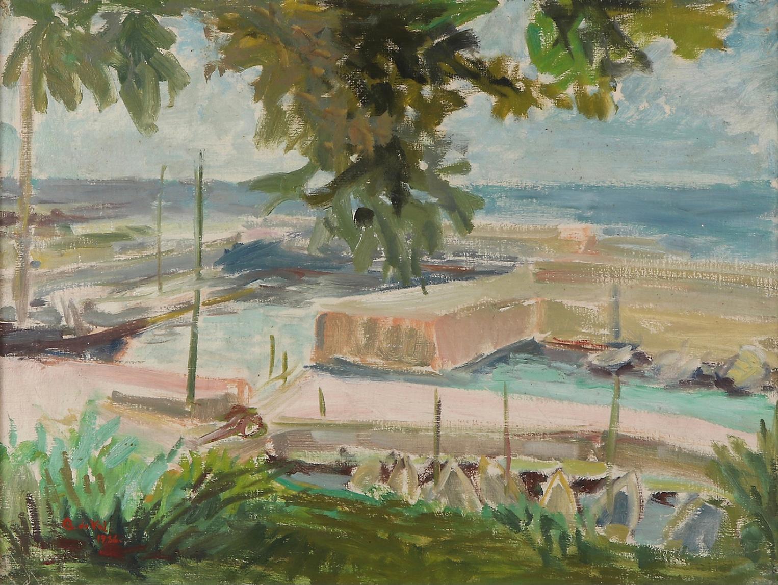 Charmantes gerahmtes Öl auf Leinwand einer französischen Marina der schwedischen Künstlerin Gertrude de Val aus dem Jahr 1936.
Hauptsächlich in Blau- und Grüntönen gestrichen, blickt man unter dem Schatten eines Olivenbaums auf die Marina und das