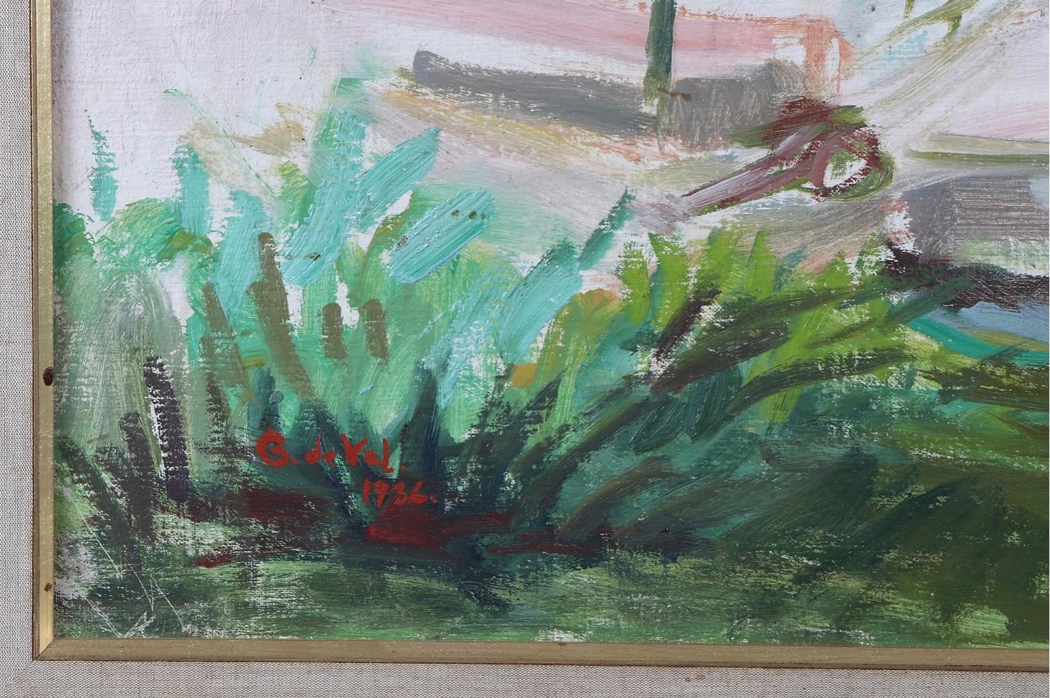 Mid-Century moderno Dipinto a olio su tela del 1930 di una Marina francese dell'artista svedese Gertrude de Val in vendita