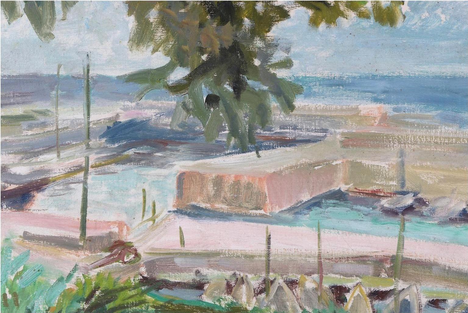 Huilé 1936 Peinture à l'huile d'une Marina française par l'artiste suédoise Gertrude de Val  en vente