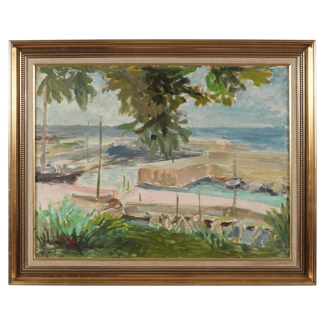 1936 Oil Painting of a French Marina by Swedish Artist Gertrude de Val  For Sale