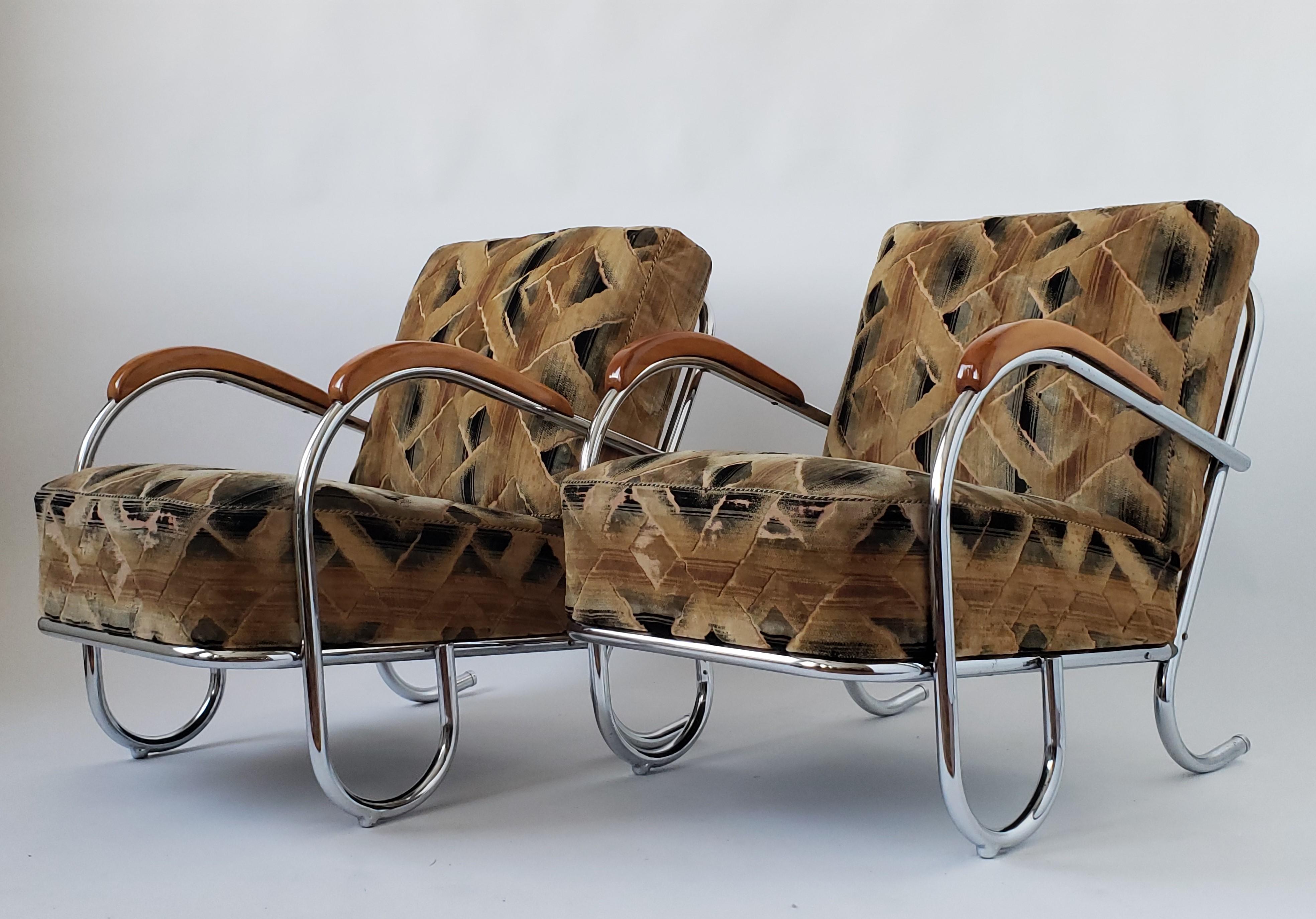 Canadian 1936 Pair of Art Deco / Bauhaus Tubular Lounge Chair with Original Fabric