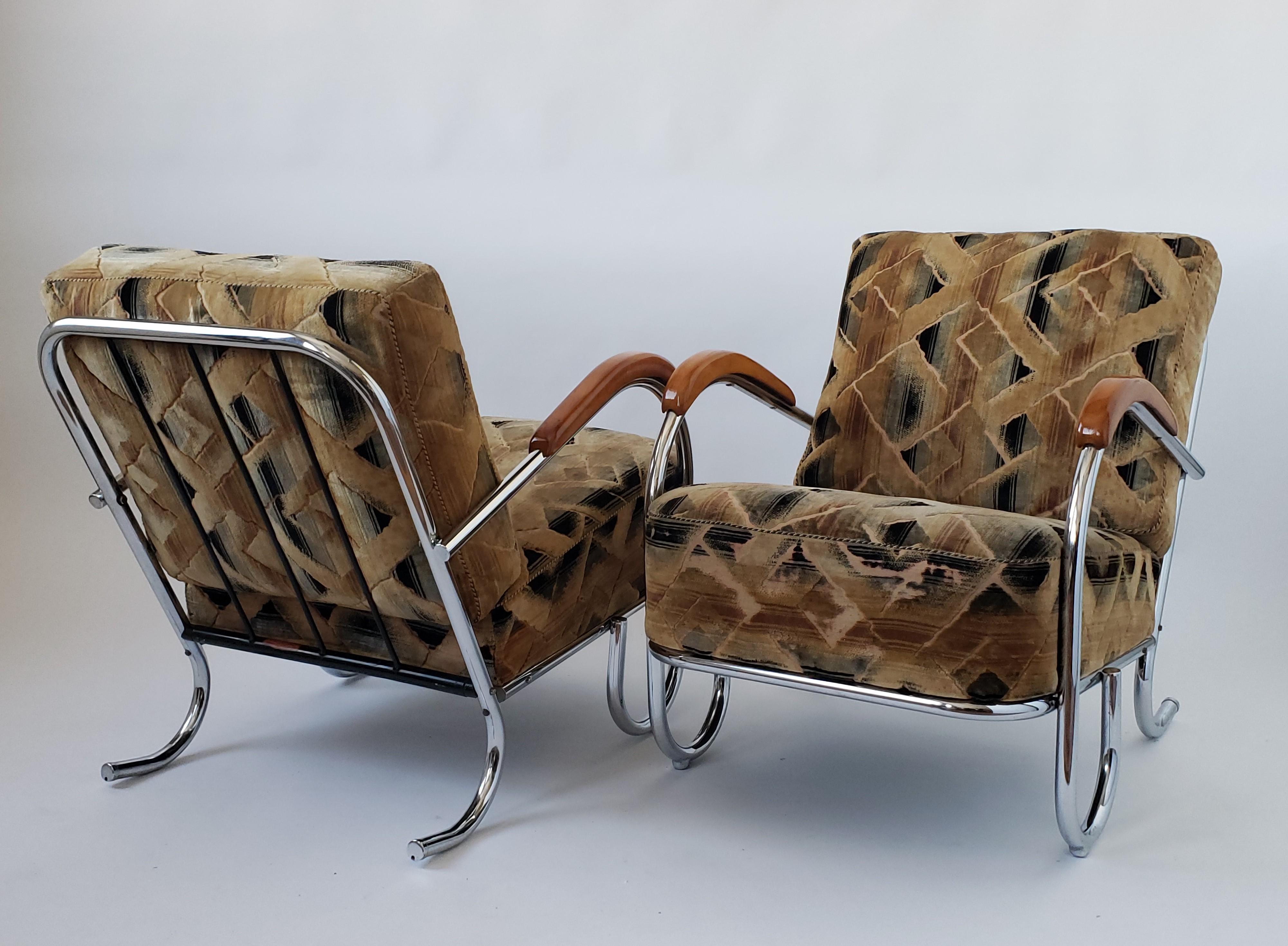 Mid-20th Century 1936 Pair of Art Deco / Bauhaus Tubular Lounge Chair with Original Fabric