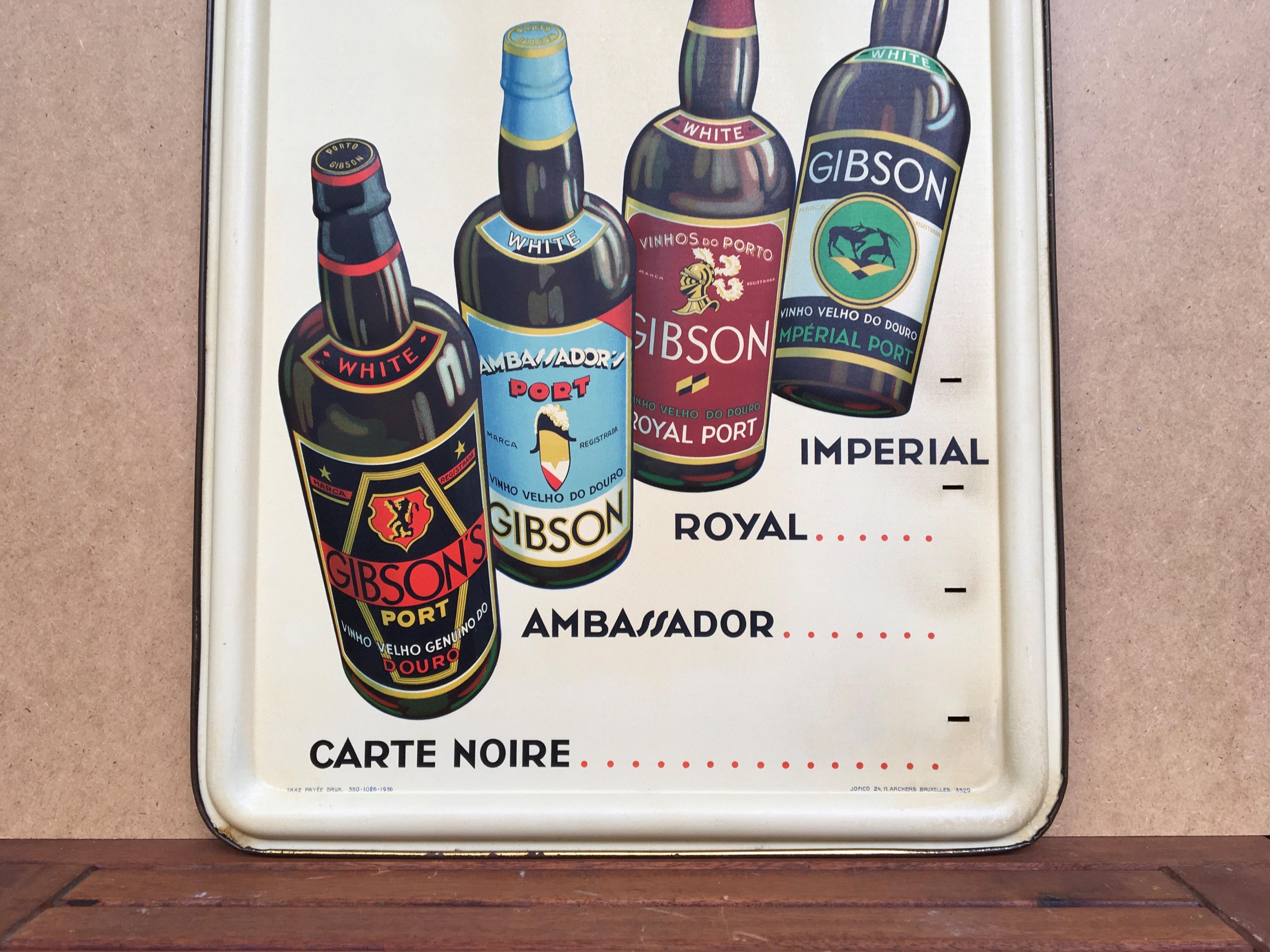 Panneau de port de 1936, Les Portos Gibson, une boisson d'appétit Bon état - En vente à Antwerp, BE