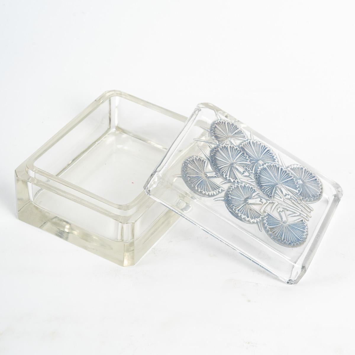 French 1936 René Lalique, Box Bluets Clear Glass with Blue Patina