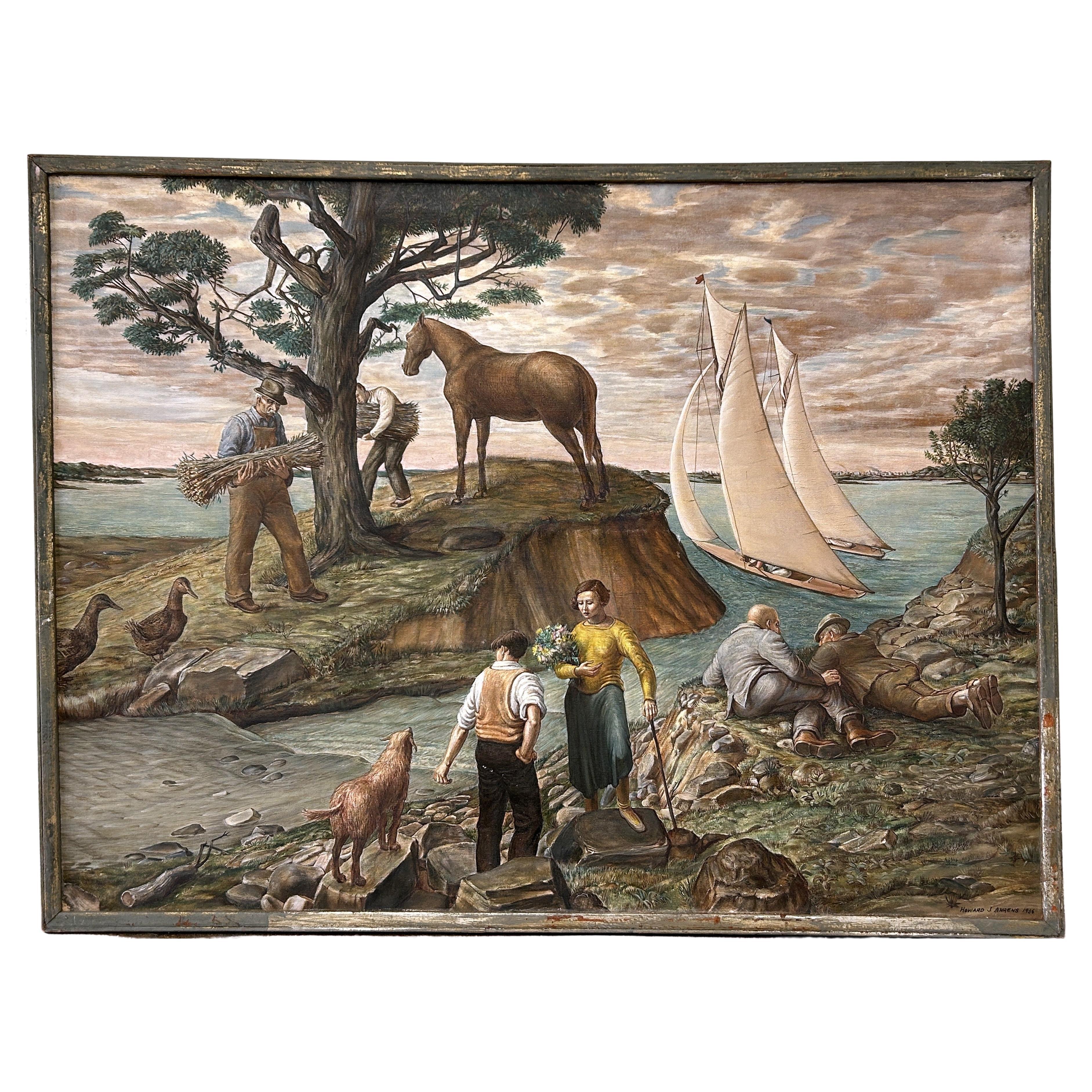 1936 WPA Era American Scene Modernist Painting "A Connecticut Day" Howard Ahrens