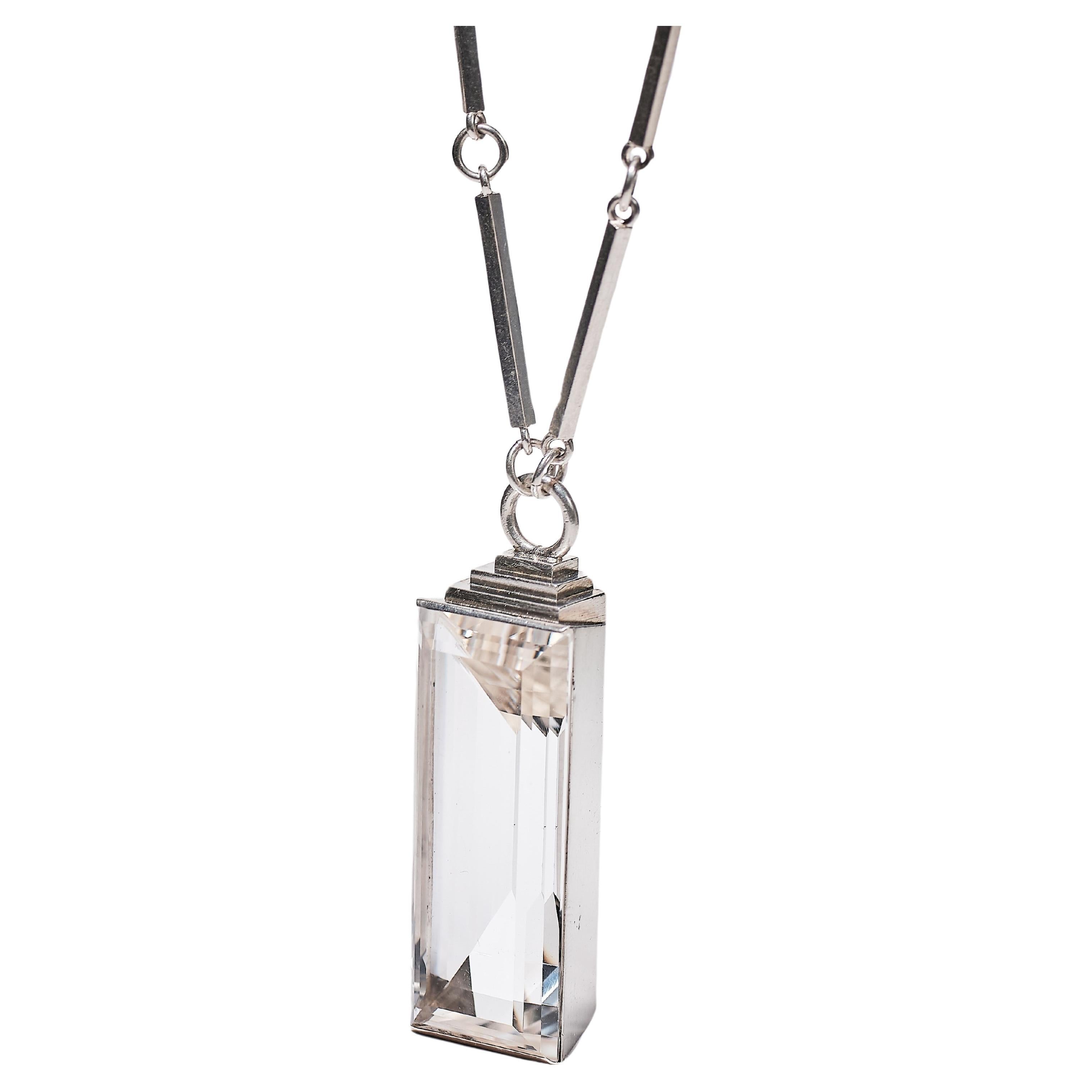 1937 Art Deco 85 carat rock crystal silver necklace by Wiwen Nilsson For Sale