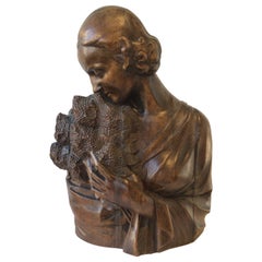1937 Carved Wood Bust of Woman Holding Hydrangeas