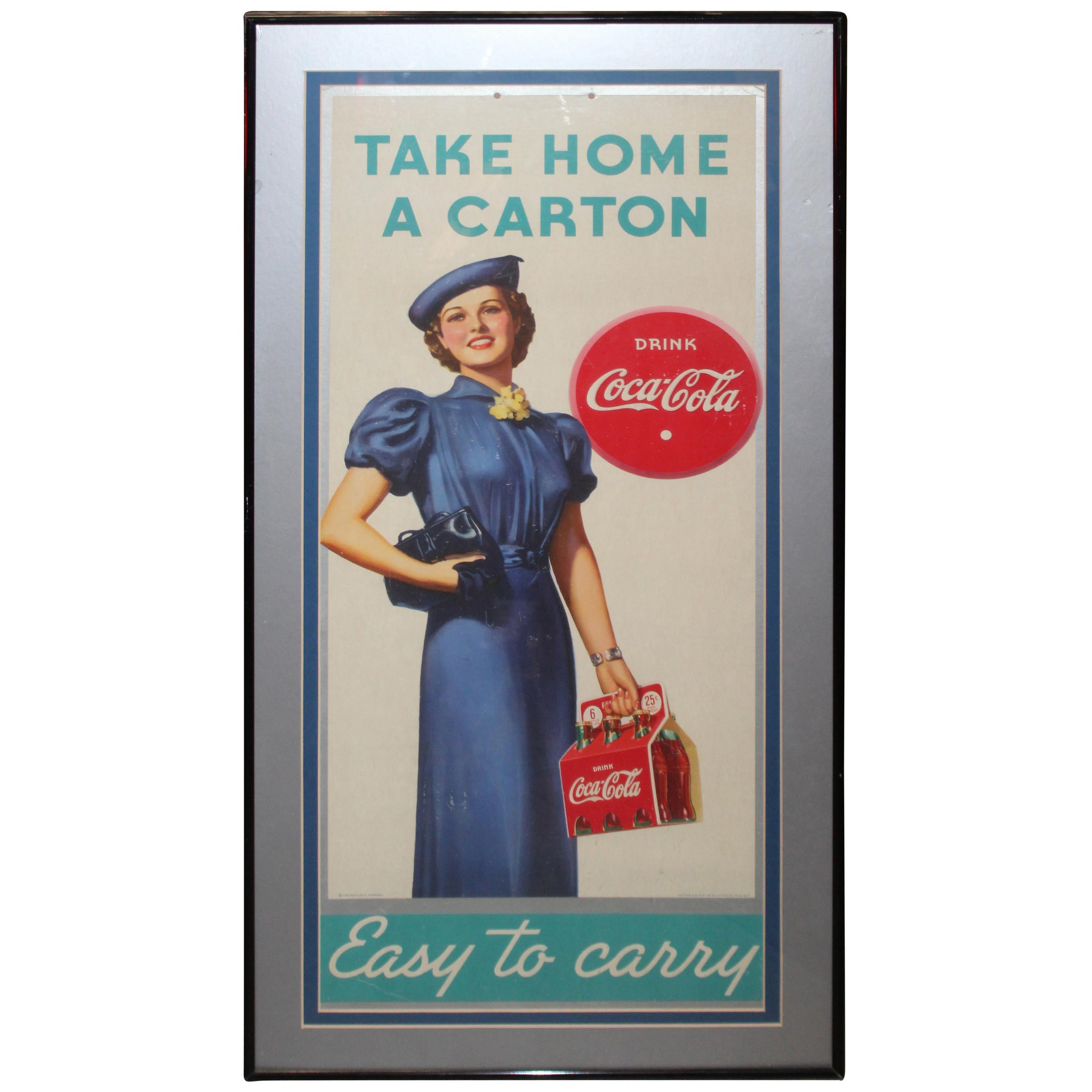 1937 Coca Cola "Easy To Carry" Cardboard Sign Framed For Sale