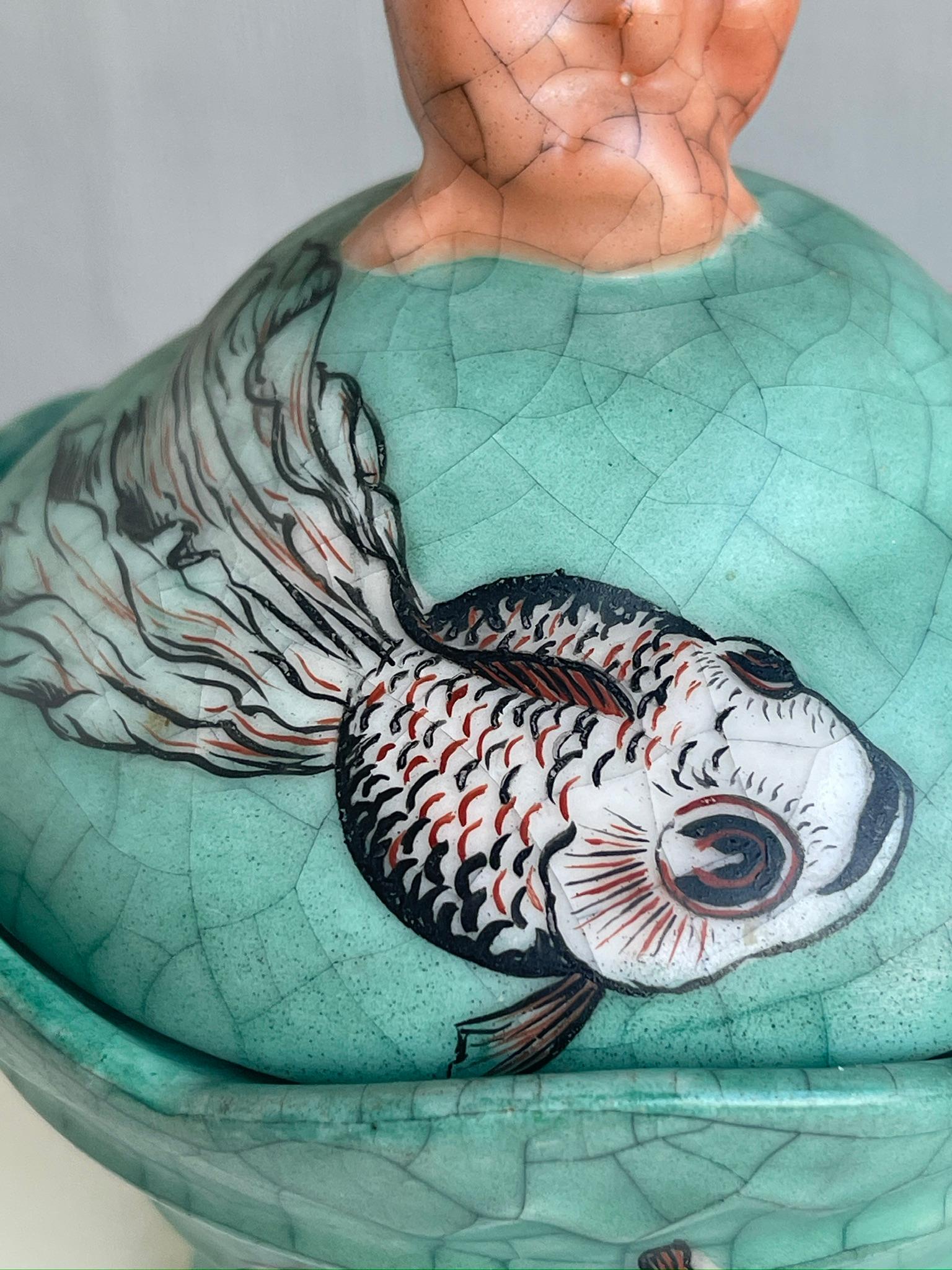 1937 Dänische Keramikschale mit Deckel, türkisgrüne Craquelé-Glasur, handbemalt. im Angebot 6