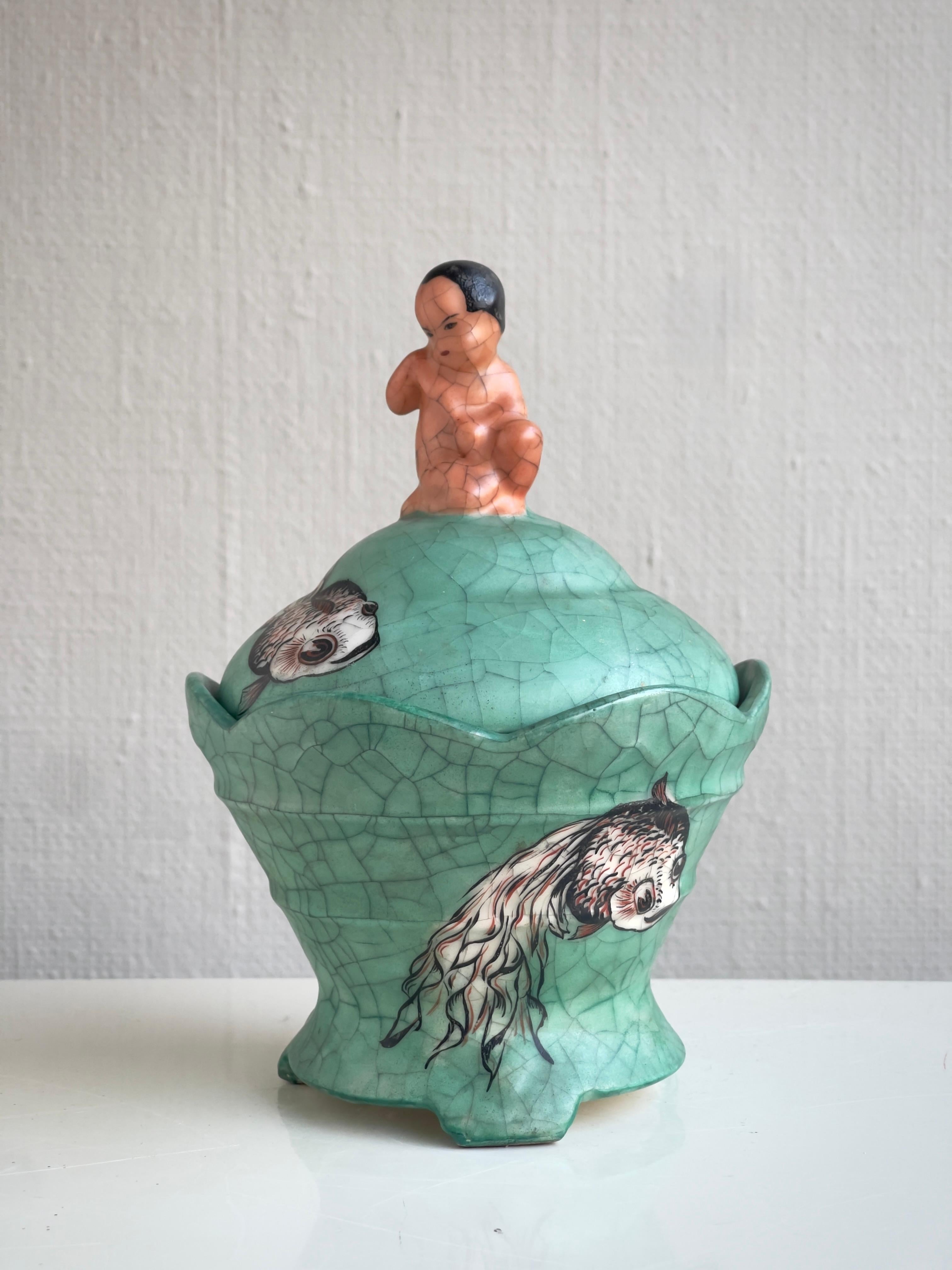 1937 Dänische Keramikschale mit Deckel, türkisgrüne Craquelé-Glasur, handbemalt. im Angebot 2