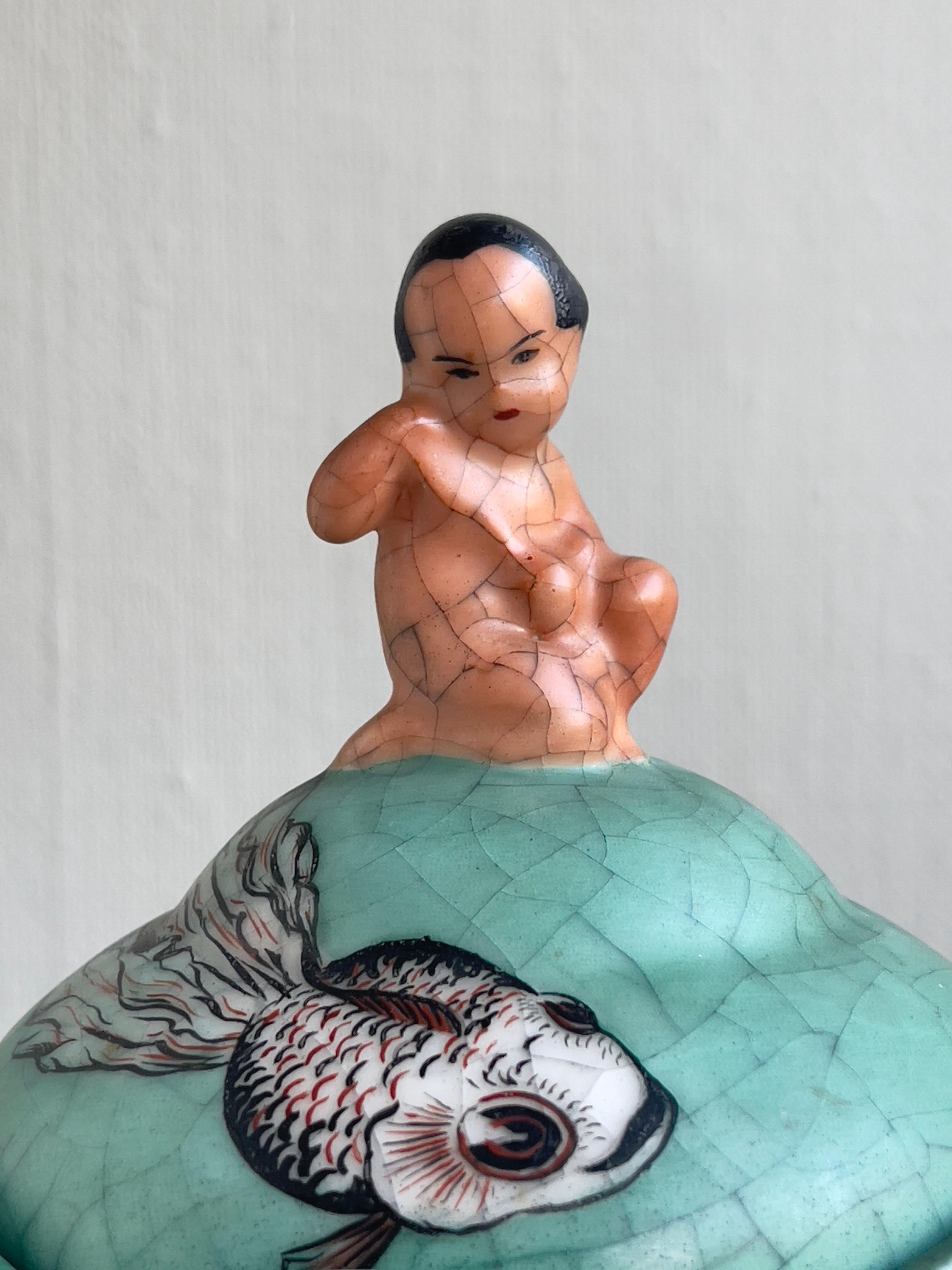 1937 Dänische Keramikschale mit Deckel, türkisgrüne Craquelé-Glasur, handbemalt. im Angebot 4