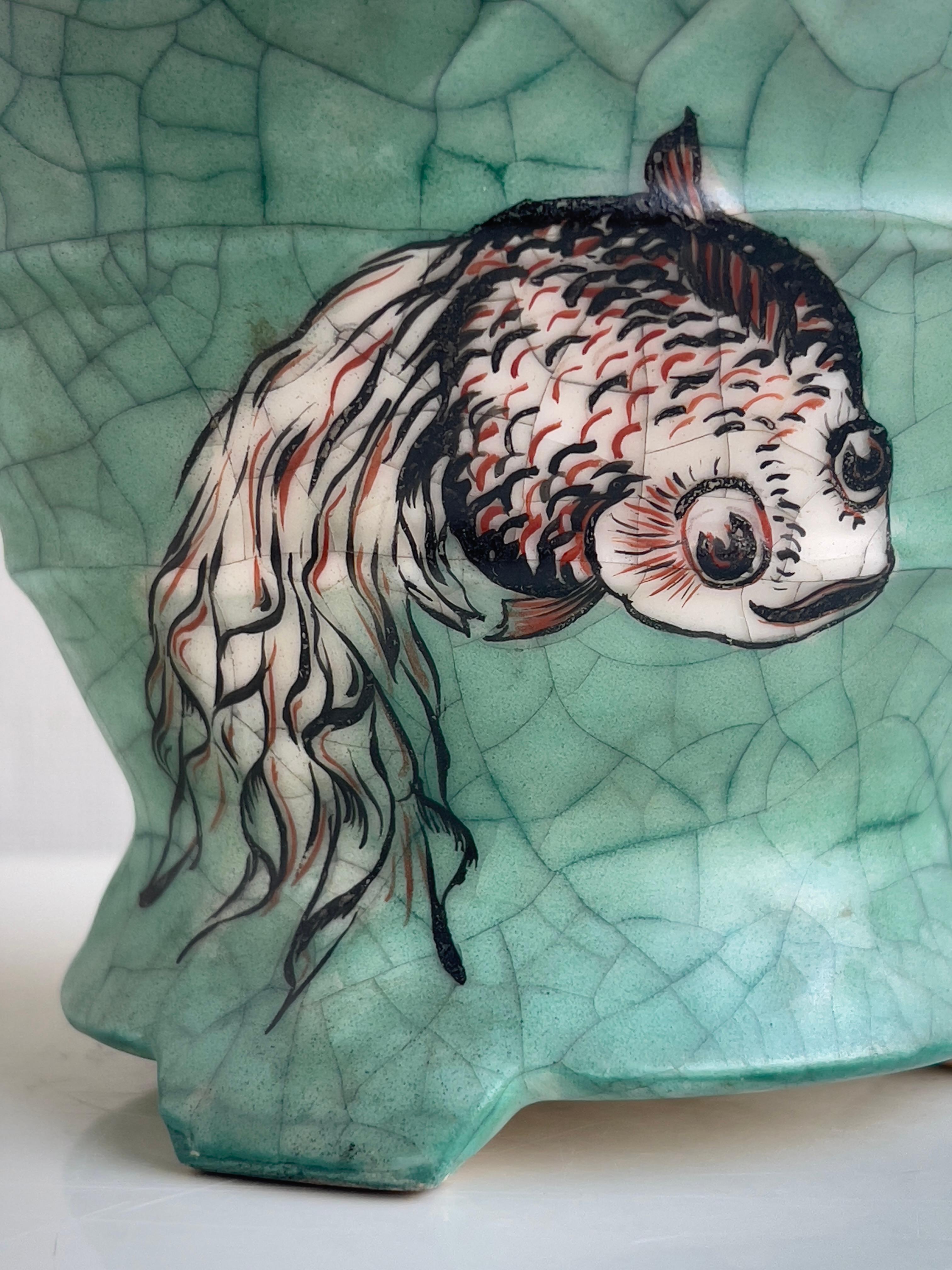 1937 Dänische Keramikschale mit Deckel, türkisgrüne Craquelé-Glasur, handbemalt. im Angebot 5