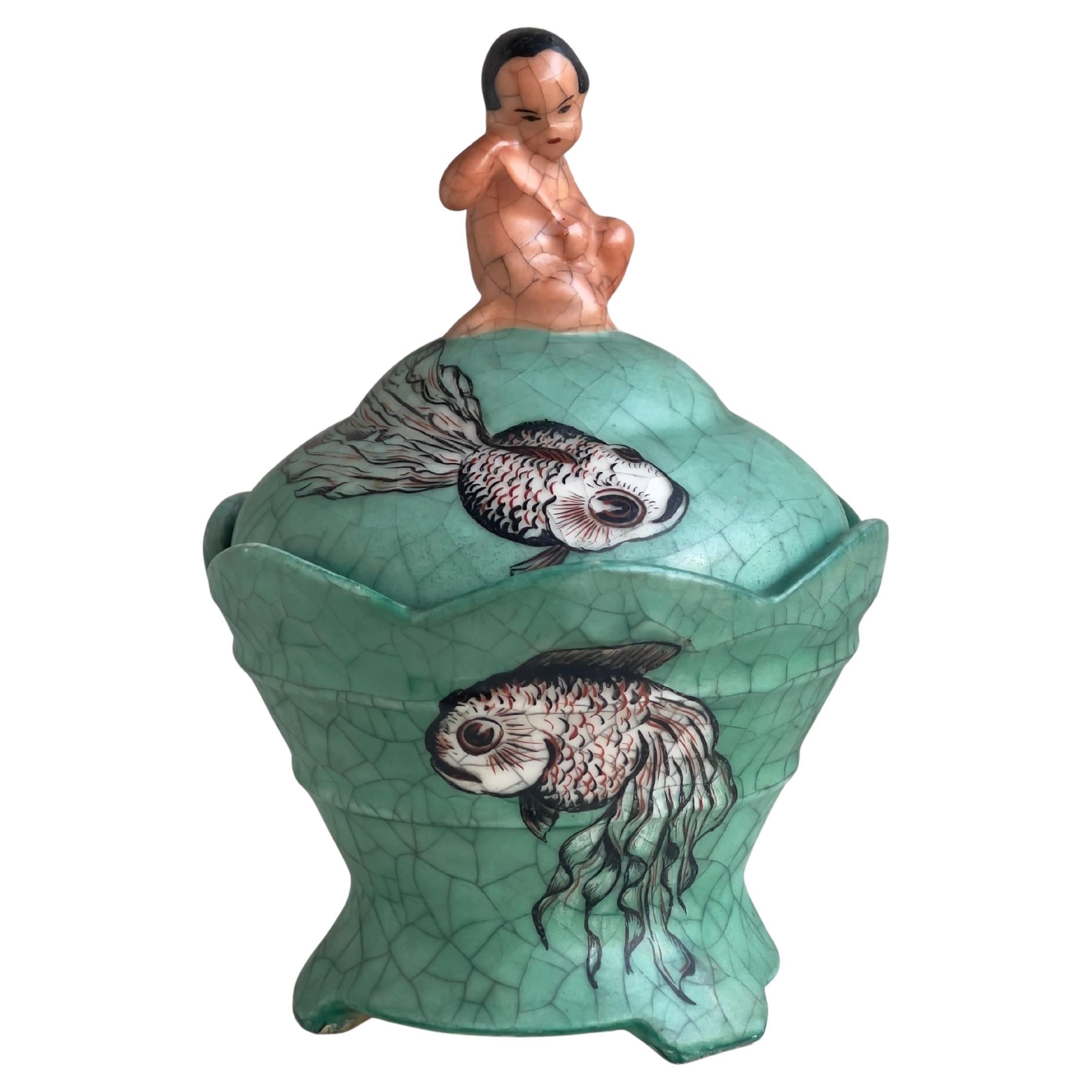 1937 Dänische Keramikschale mit Deckel, türkisgrüne Craquelé-Glasur, handbemalt. im Angebot