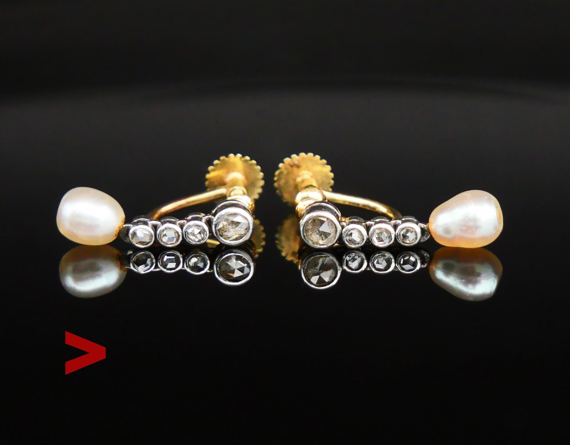A pair of Swedish Earrings with parts in solid Yellow 18K Gold and 18K White Gold / or Platinum. Flexible constructions, each piece with four bezel set rose cut Diamonds and likely natural River Pearls. Screws with Swedish hallmarks,maker is GD&Co