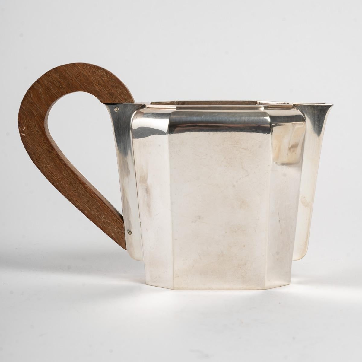 1937 Jean E. Puiforcat Art Deco Modernist Tea Coffee Set Sterling Silver Walnut For Sale 5