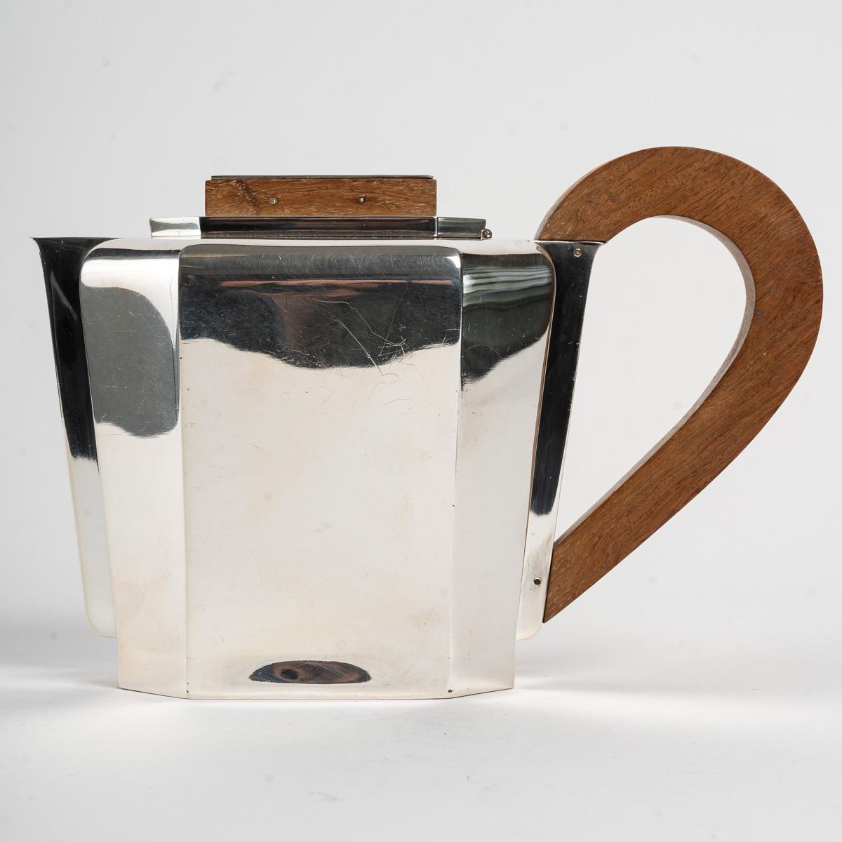 1937 Jean E. Puiforcat Art Deco Modernist Tea Coffee Set Sterling Silver Walnut For Sale 6