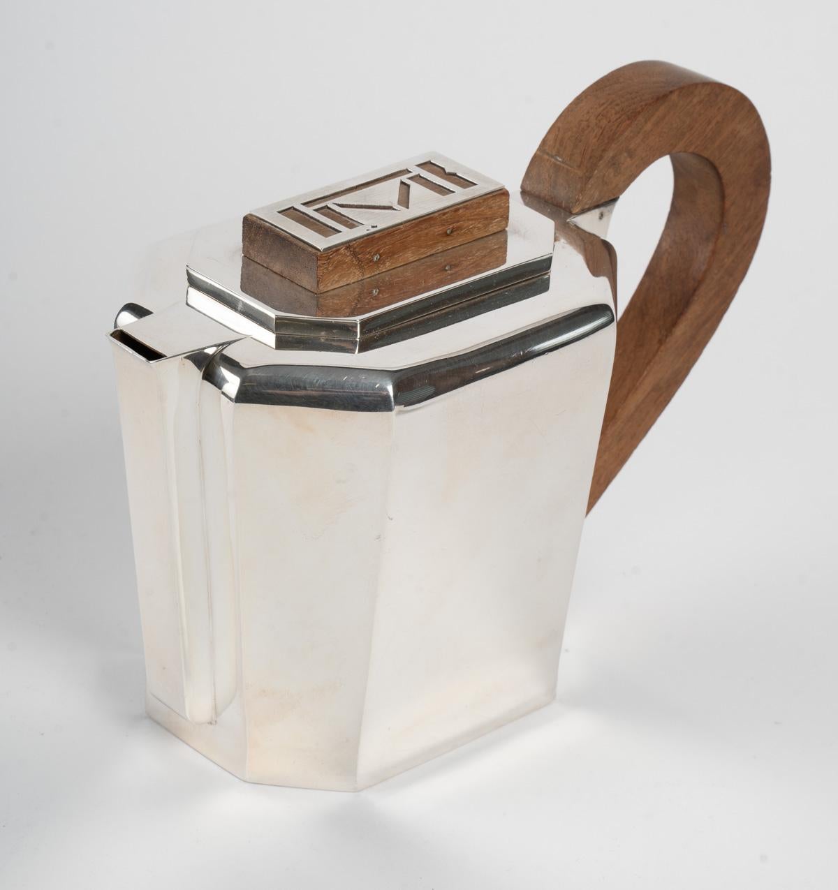 1937 Jean E. Puiforcat Art Deco Modernist Tea Coffee Set Sterling Silver Walnut For Sale 7